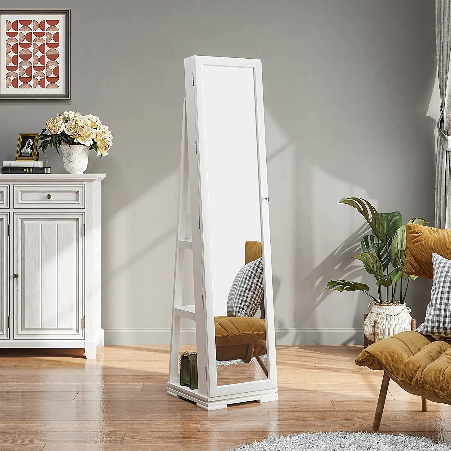 2025 Dextrus 360° roterende smykkeskab med lås, spejl i fuld længde og baghylder. Hvid.