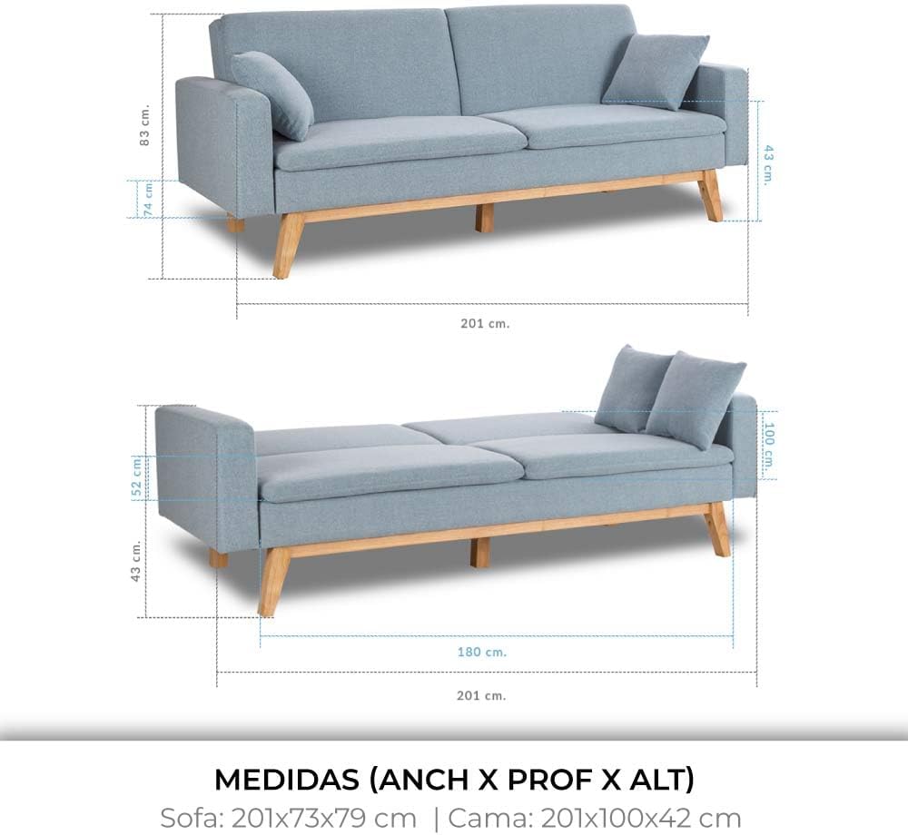 Don Descanso Reine 3-Sitzer-Schlafsofa, Stoffbezug, Click-Clack-Öffnungssystem, Sofa-Maße: 201 x 73 x 79 cm, Bett-Maße: 201 x 99 x 42 cm, inklusive 2 Kissen, Hellgrau