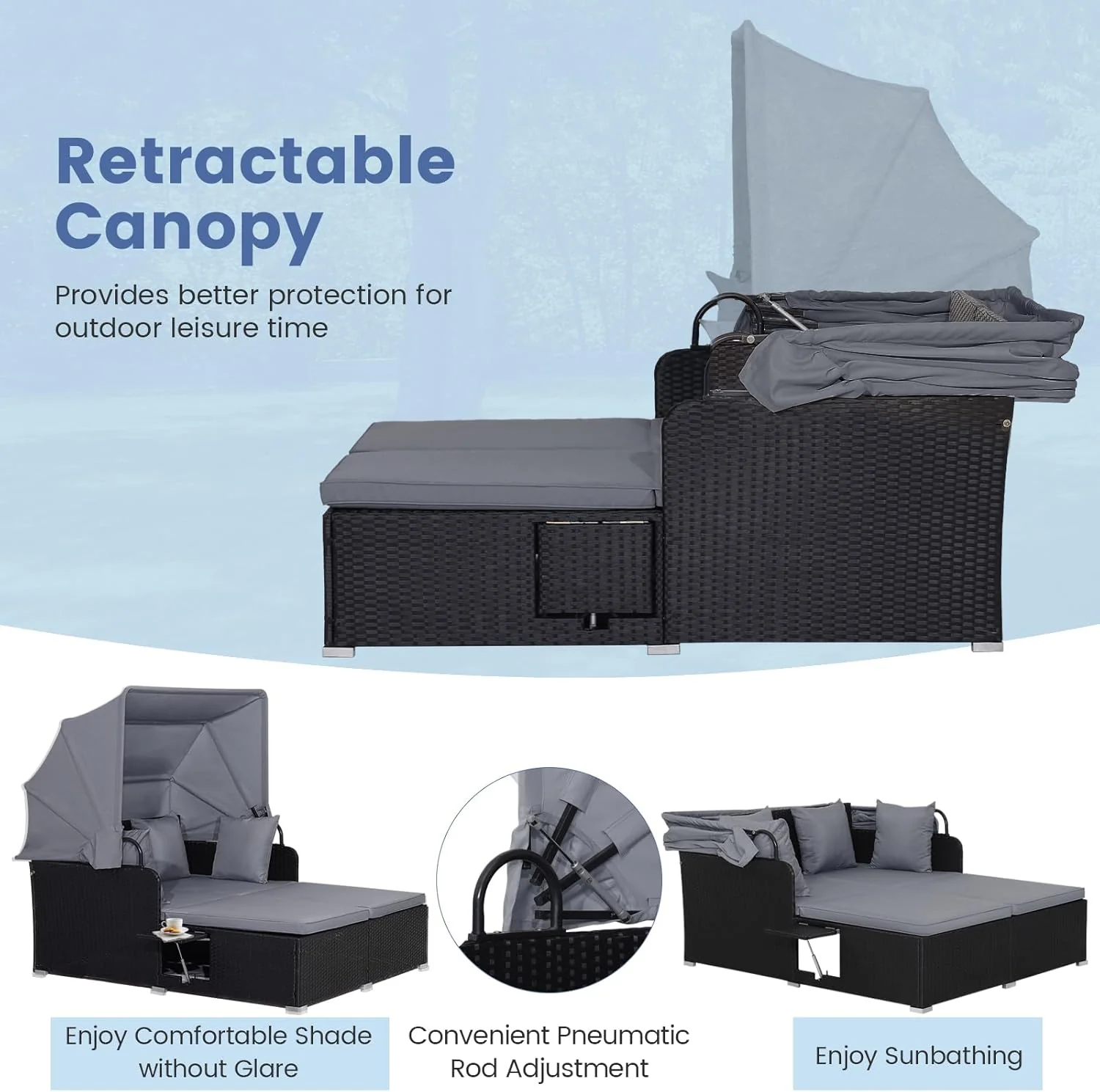 RELAX4LIFE udendørs haveseng med baldakin. Vævet harpiks liggestol med hynder. 4 puder og 2 udtrækkelige sidebakker. Loungeseng til 2 personer til pool, veranda, have. Rattan udendørs seng (turkis)