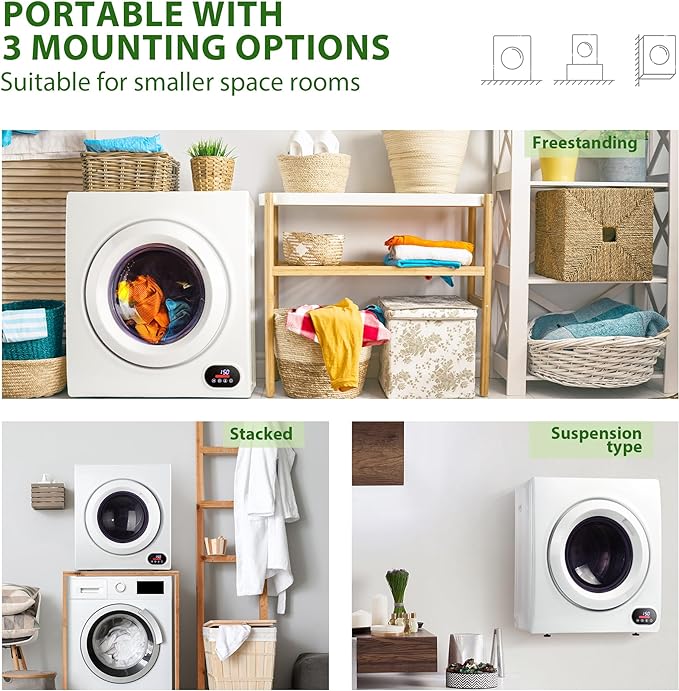 2025 EUHOMY 1400W bærbar tørretumbler med LCD-kontrolpanel og fire funktioner – hvid