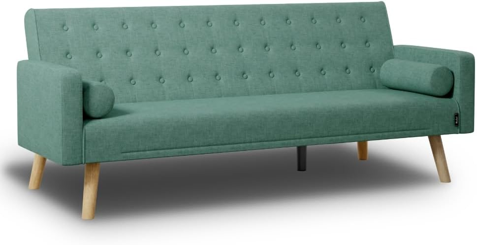 Nalui – 3-Sitzer-Schlafsofa, gepolstert, 203 x 82 x 78 cm, One Dots, mit 2 Kissen und Klick-Klack-Öffnungsmechanismus mit mehreren Liegepositionen. Chaiselongue-Schlafsofa mit Holzbeinen, umwandelbar in ein Doppelbett | Beige