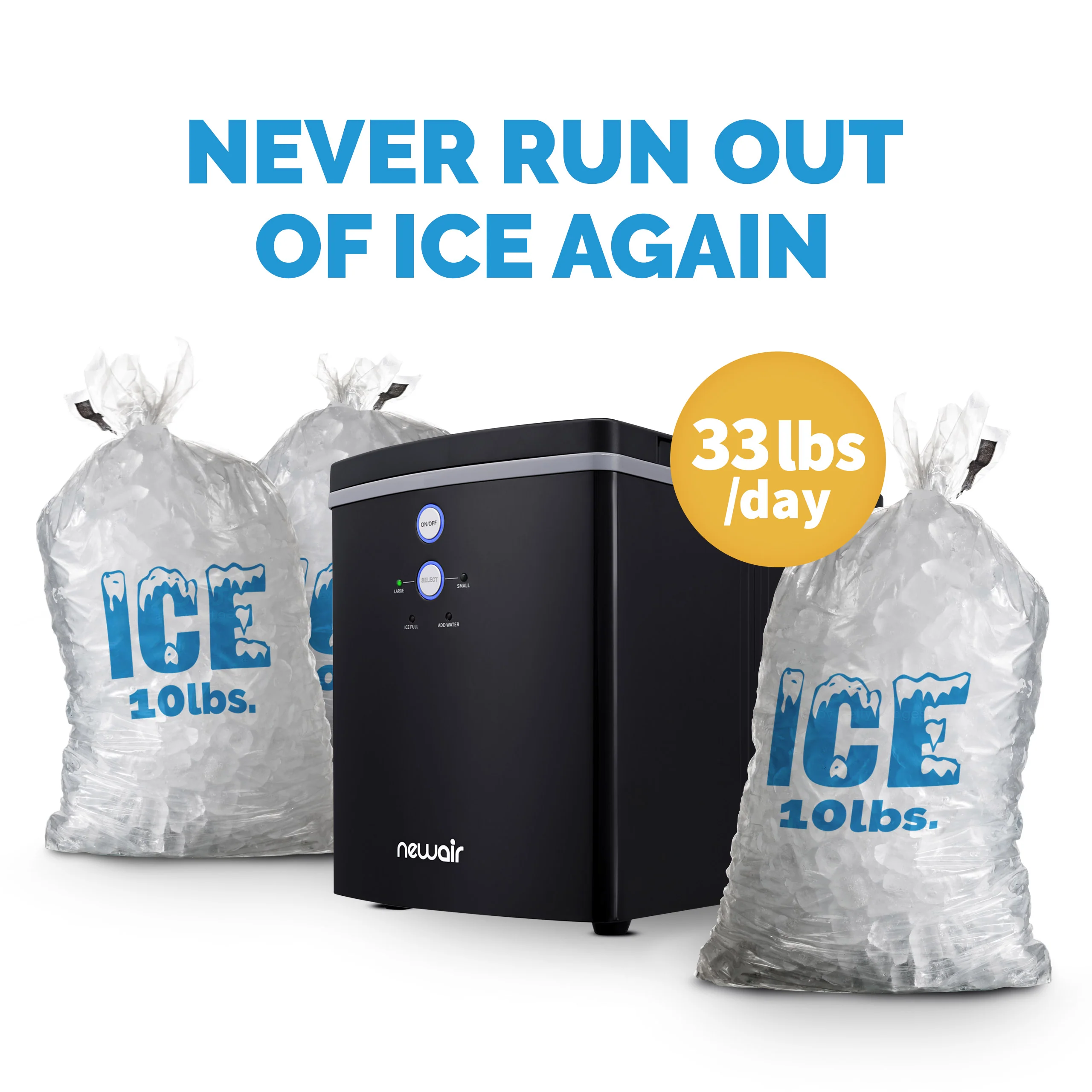 Newair® Tisch-Eiswürfelbereiter 2025 – Kugelförmige Eiswürfel. 15 kg/Tag – Schwarz
