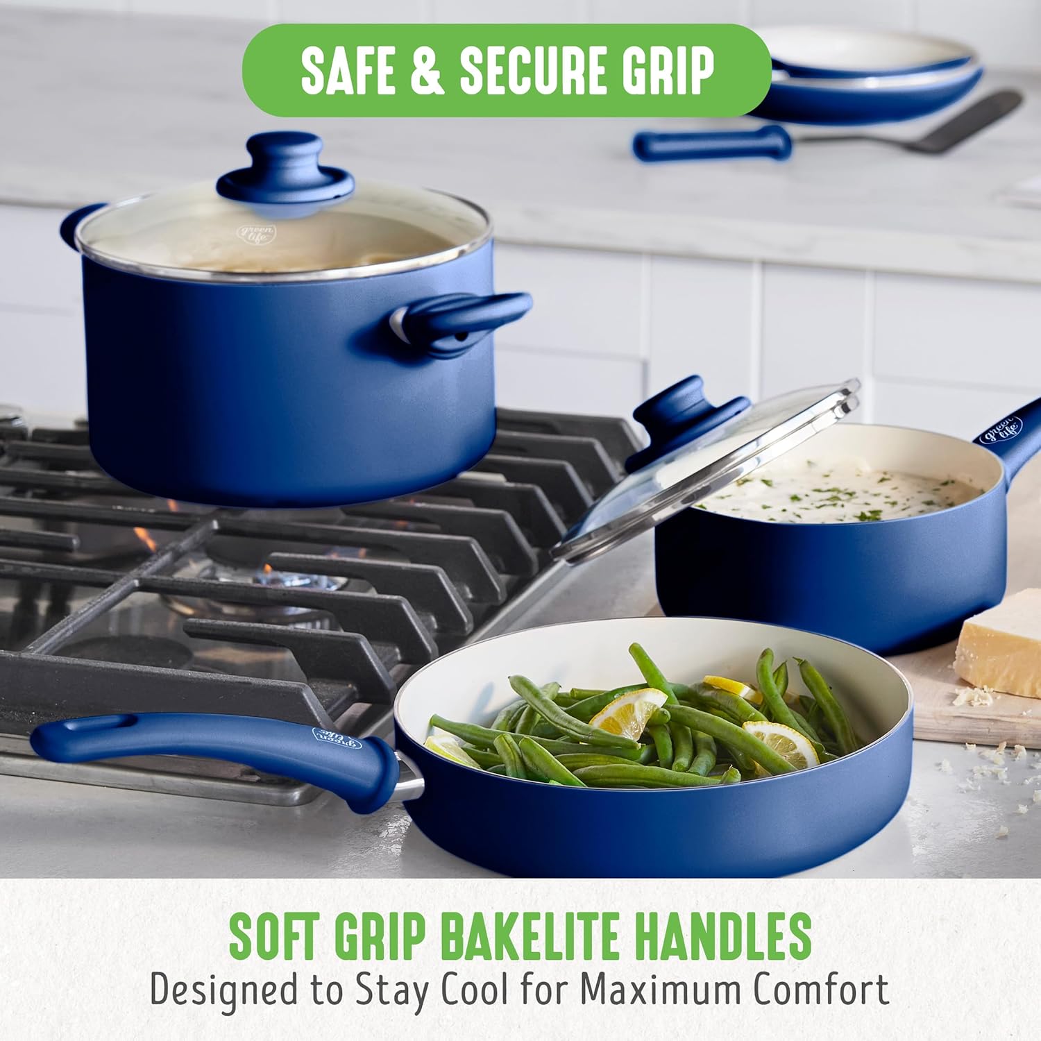 GreenLife Soft Grip 16-teiliges Antihaft-Keramik-Kochgeschirr-Set, bestehend aus Bratpfanne, Stielkasserolle und Topf, PFAS-frei, spülmaschinenfest, ofenfest, türkis