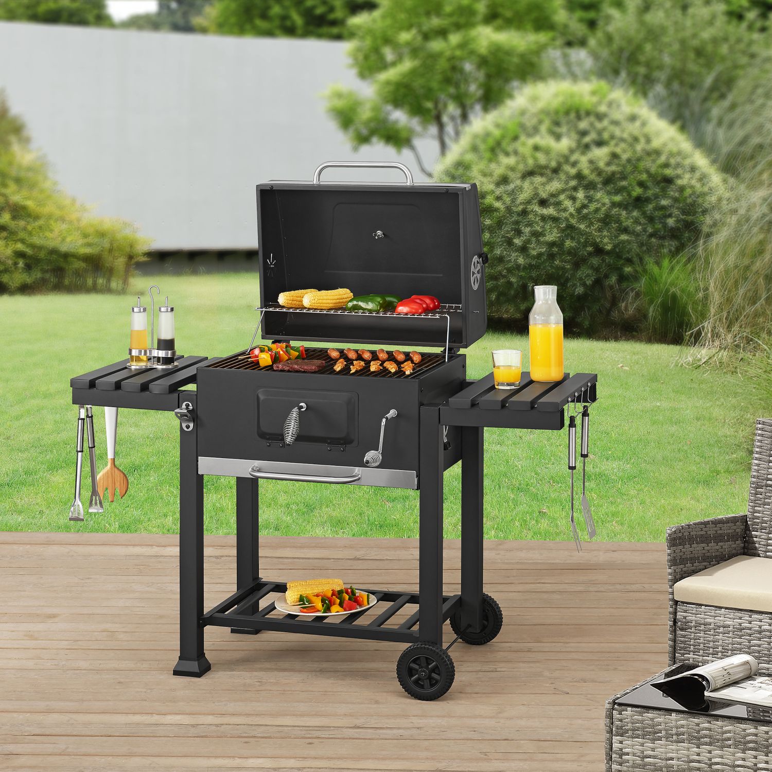 Arnad Holzkohlegrill mit 2 Stahlrosten 105x135x48cm - Schwarz [casa.pro]