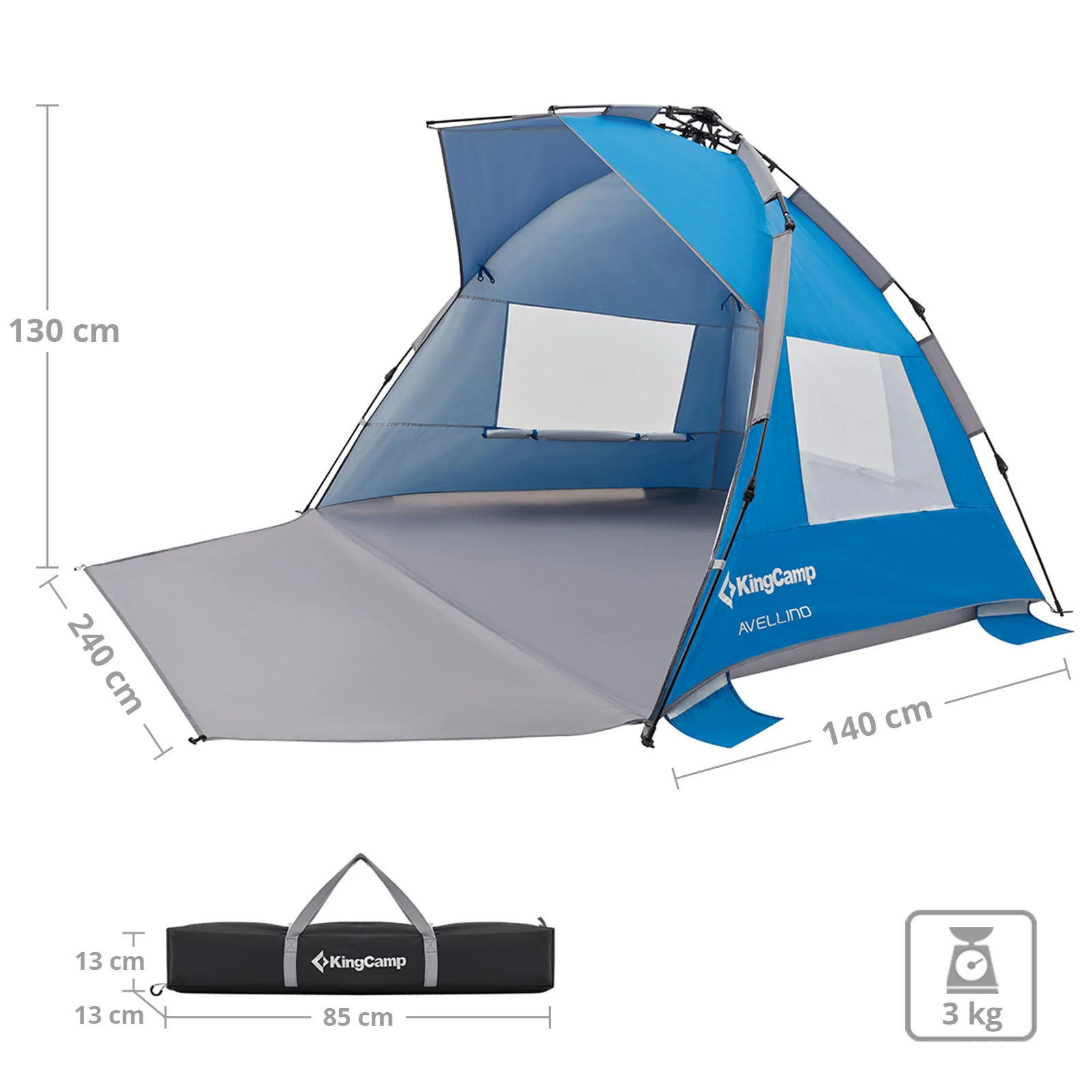 2025 KingCamp Avellino – Automatisk strandtelt med UPF50+ solbeskyttelse, vind- og privatlivsbeskyttelse, hydraulisk struktur, sandsække og netvinduer