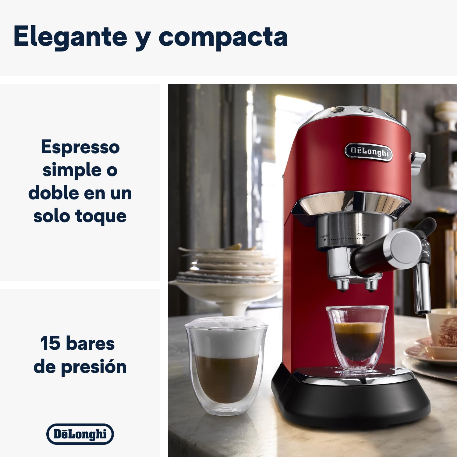 De'Longhi Dedica – Cafetière à pompe en acier inoxydable pour café moulu ou individuel, expresso et cappuccino, réservoir de 1,3 litre, système anti-goutte, modèle EC685.M, couleur métal