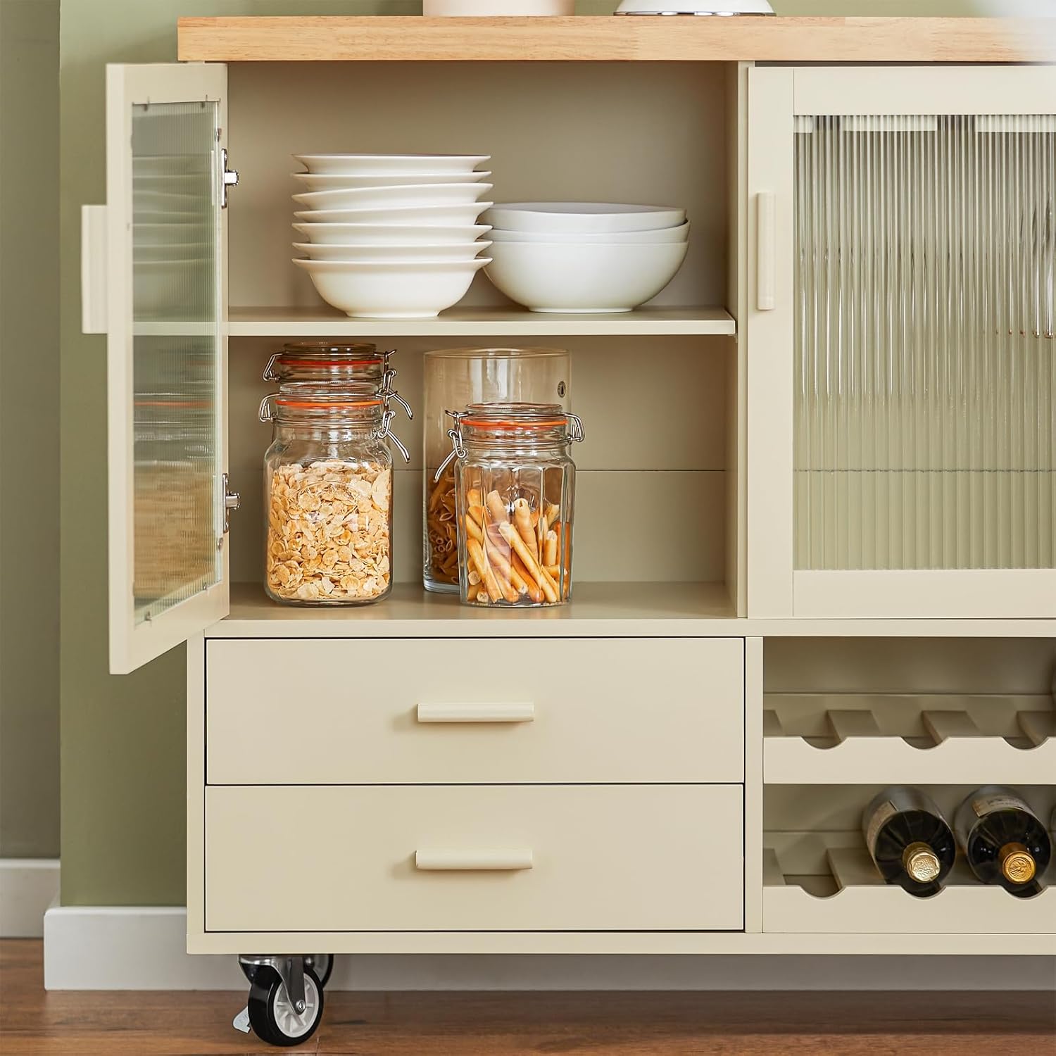 SoBuy FSB81-GR Küchenbuffet mit Mikrowellenfunktion für Esszimmer, Eingangsbereich und Wohnzimmer, mit 2 Türen, 2 Schubladen und 1 offenem Fach, Grün, 120 x 40 x 90 cm, EN