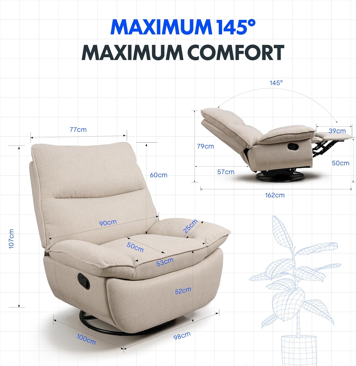 FLEXISPOT XC6 Relaxsessel, Drehsofa mit Wippfunktion, TV-Sessel mit verstellbarer Rückenlehne, Liegesessel für Schlafzimmer, Wohnzimmer und Heimkino (Beige)