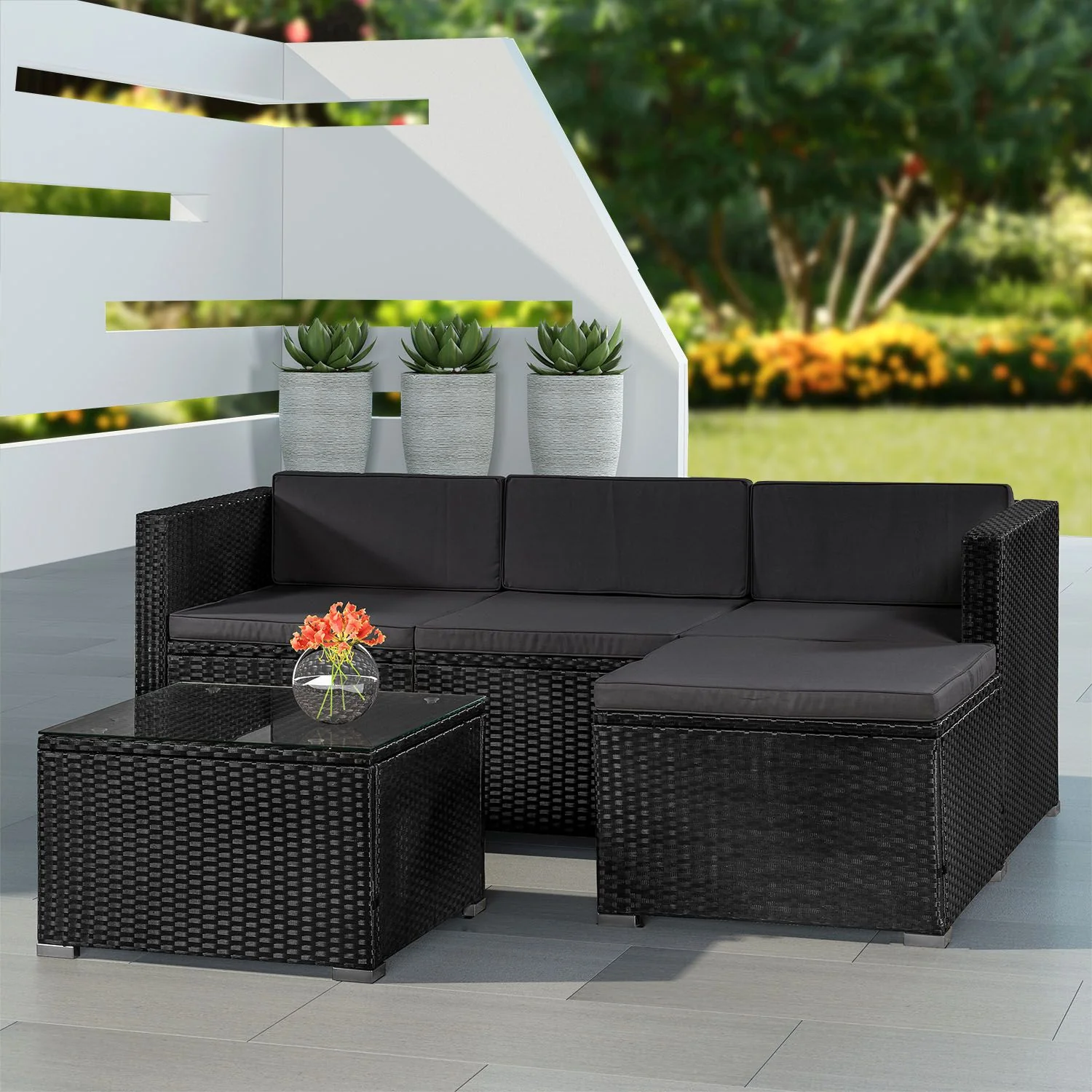Ensemble de jardin en résine tressée Punta Cana M 2025, noir avec coussins gris