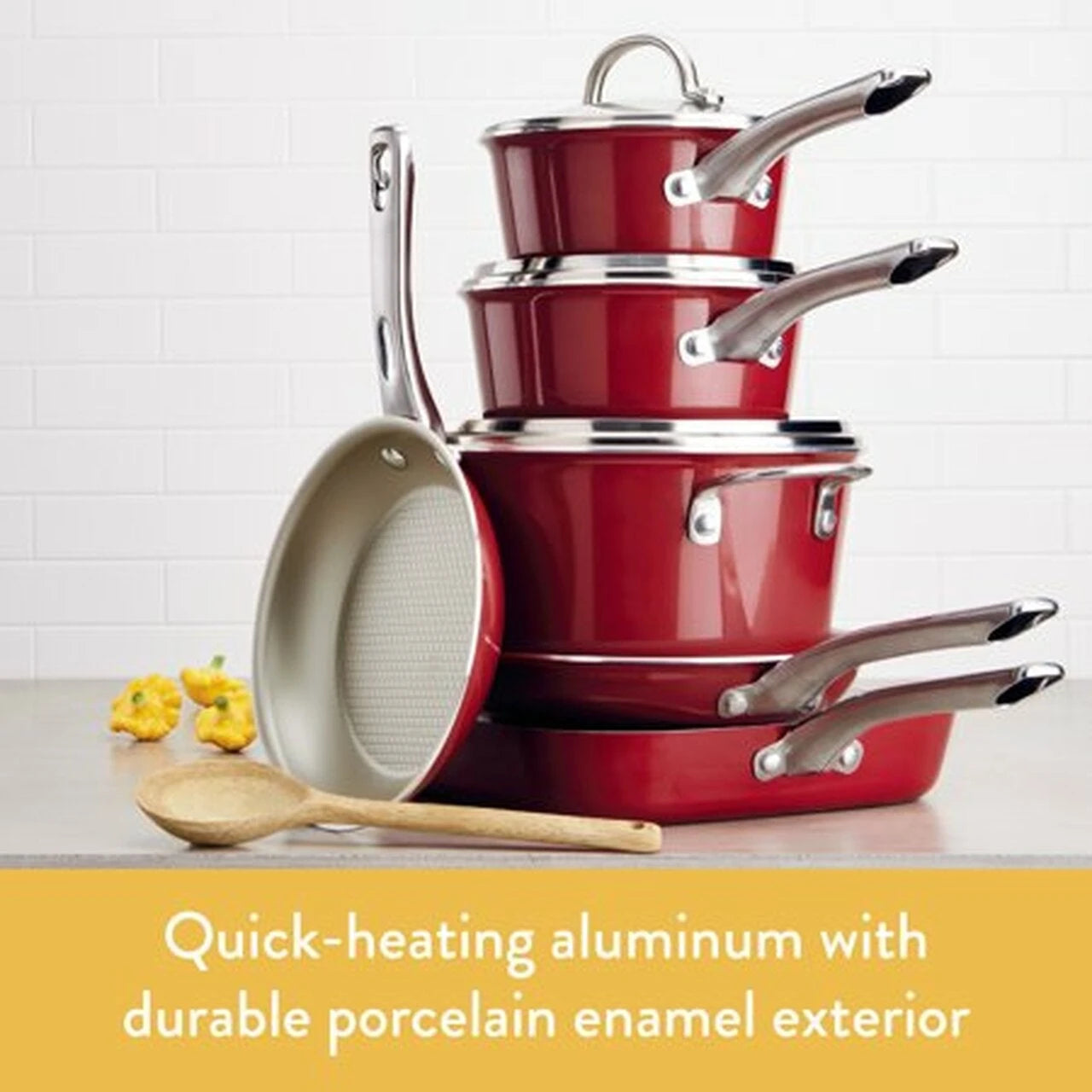 Ayesha Curry 10-delt porcelænsemaljesæt med non-stick belægning, siennarød