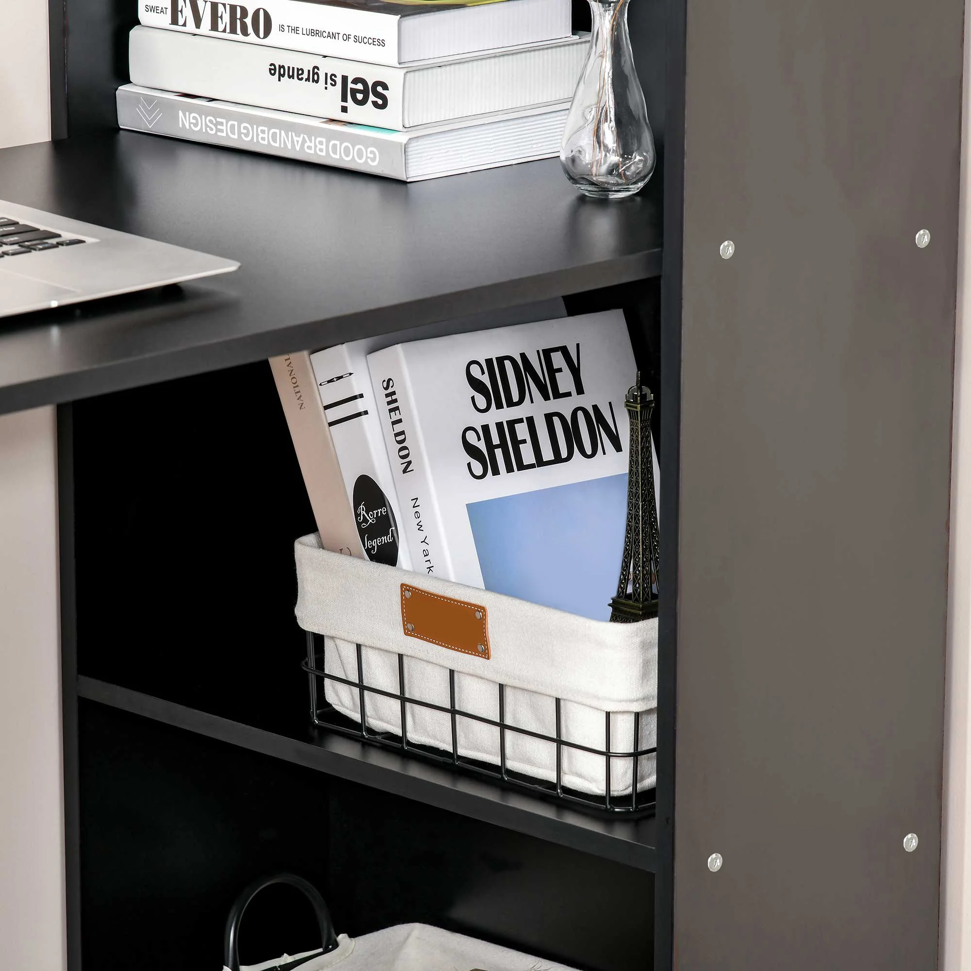 Moderner 120 cm Computertisch mit Bücherregal. Schreibtisch und Arbeitsplatz mit 6 Ablagen. Schwarz.