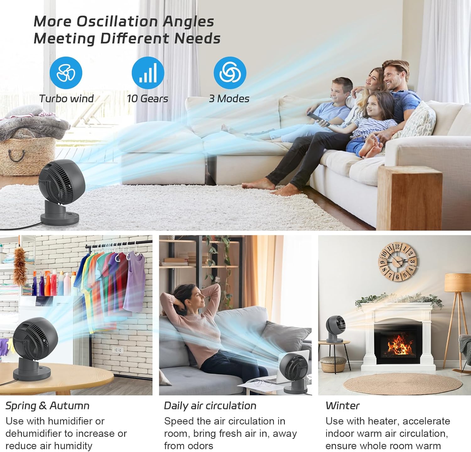 Ventilateur de table silencieux MYCARBON Turbo 20 dB, moteur CC puissant, oscillation 30°-60°-90°, 11 vitesses, minuterie 12 h et démarrage programmé, avec télécommande