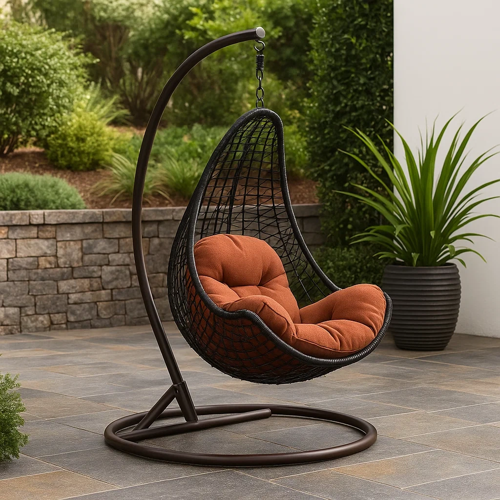 Fauteuil suspendu, structure en métal marron, assise en tissu noir, coussins orange, avec support, 90 x 90 x 200 cm - 6rrTcxGFSP90