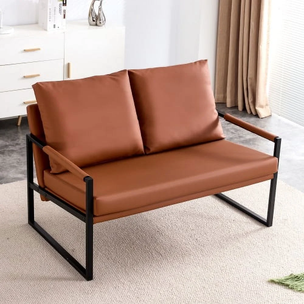 Modernes 2-Sitzer-Sofa mit 2 Kissen – PU-Leder, hochdichter Schaumstoff, schwarz lackiertes Metallgestell, braune Farbe