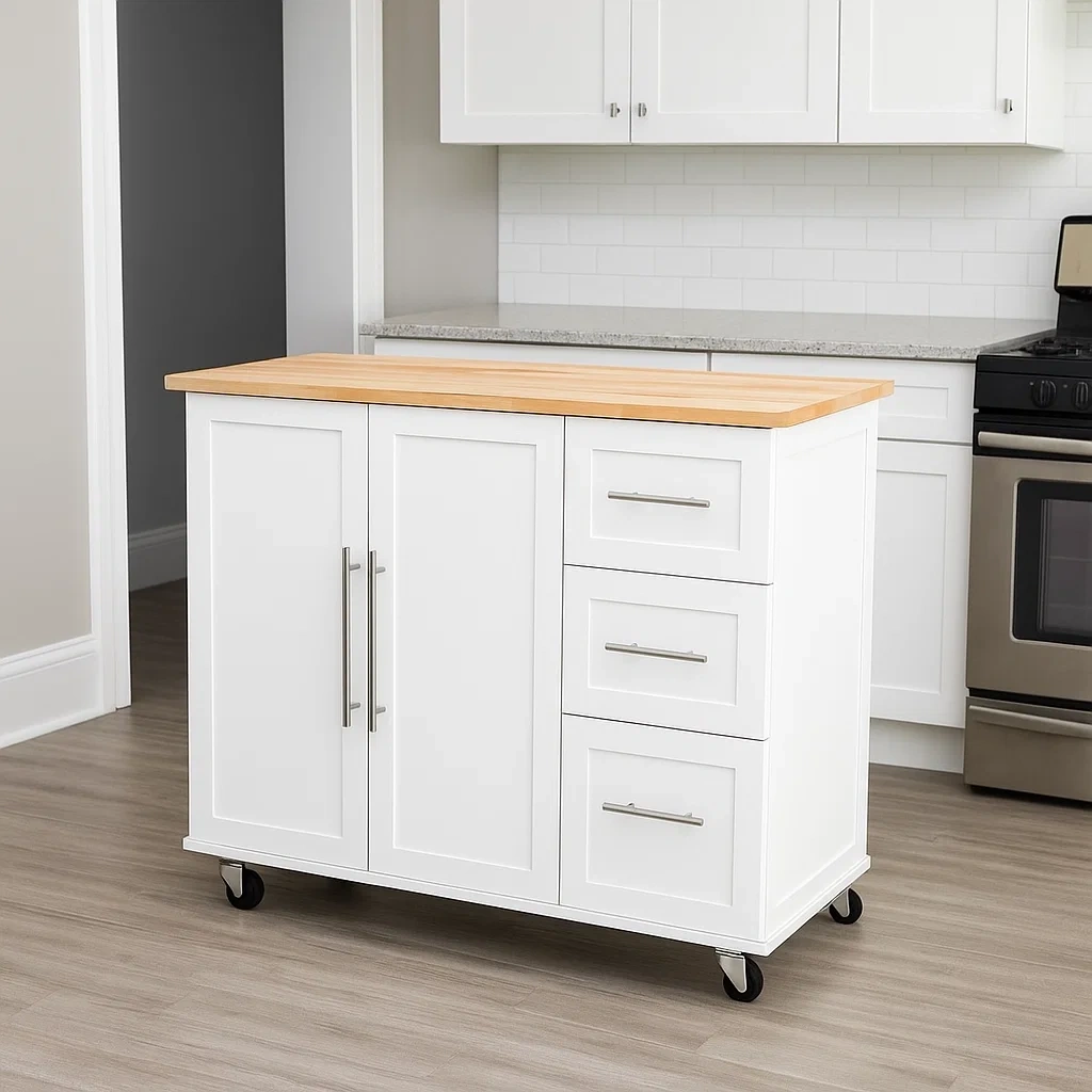 Chariot de cuisine, blanc, en bois, adapté à la cuisine, 136 x 43 x 91 cm