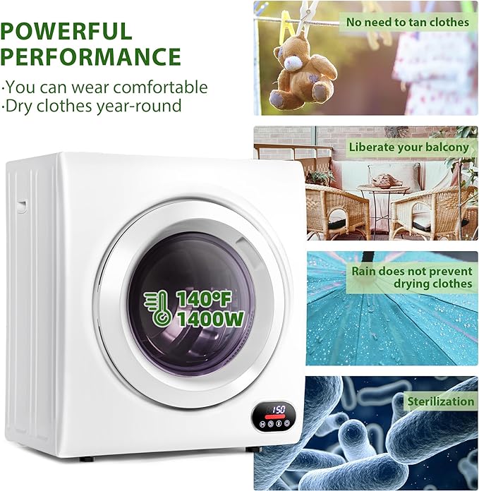 2025 EUHOMY 1400W bærbar tørretumbler med LCD-kontrolpanel og fire funktioner – hvid
