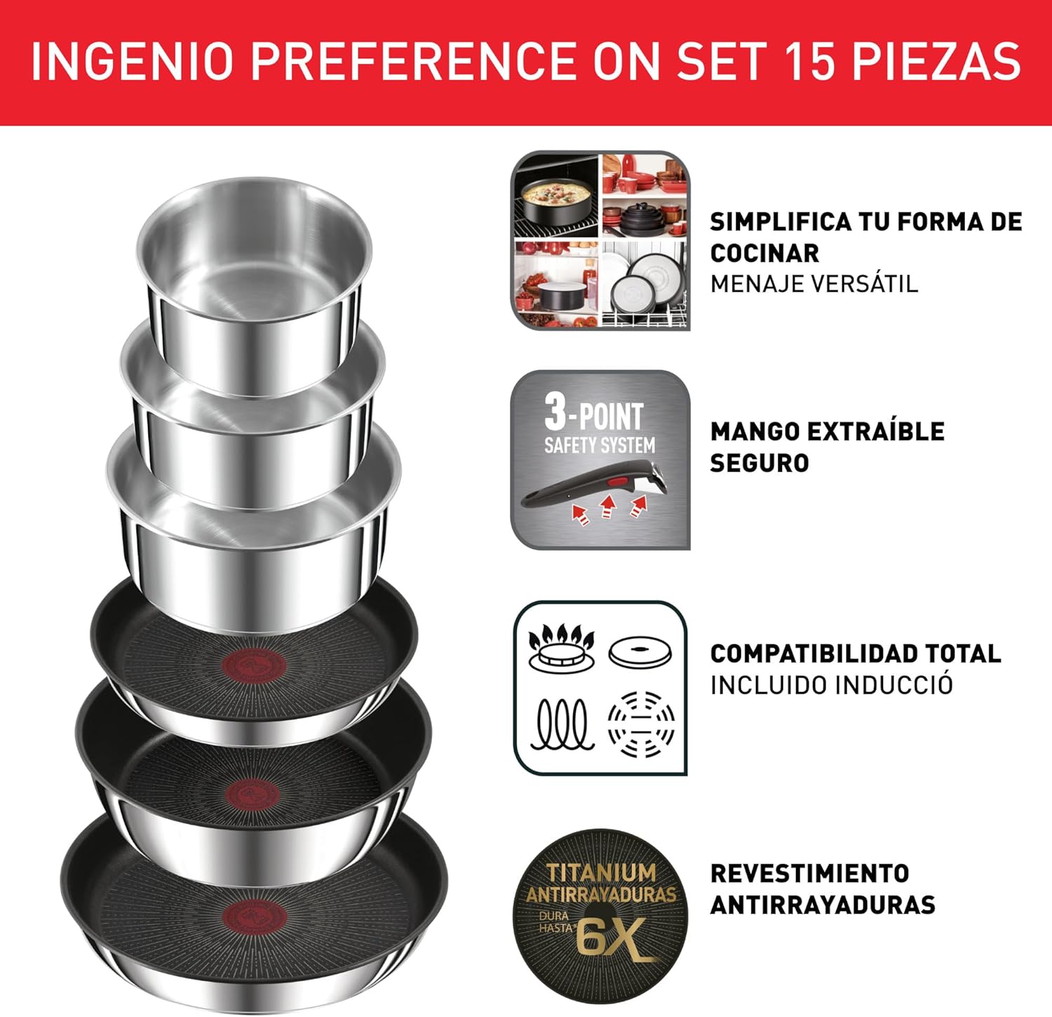 Tefal Ingenio Preference On Set: 2 Bratpfannen (24/28 cm) + 2 Stielkasserollen (16/20 cm) + 24 cm Topf + 26 cm Wok + 2 abnehmbare Griffe + 5 Zubehörteile | Induktionsgeeignet, antihaftbeschichtet, PFOA-frei