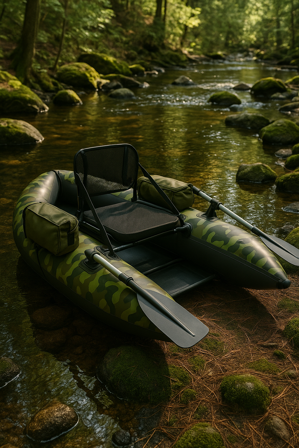 Bateau gonflable camouflage vert en PVC et polyester, idéal pour la rivière et la pêche, dimensions : 250 x 135 x 55 cm, référence SRgucSX517bD
