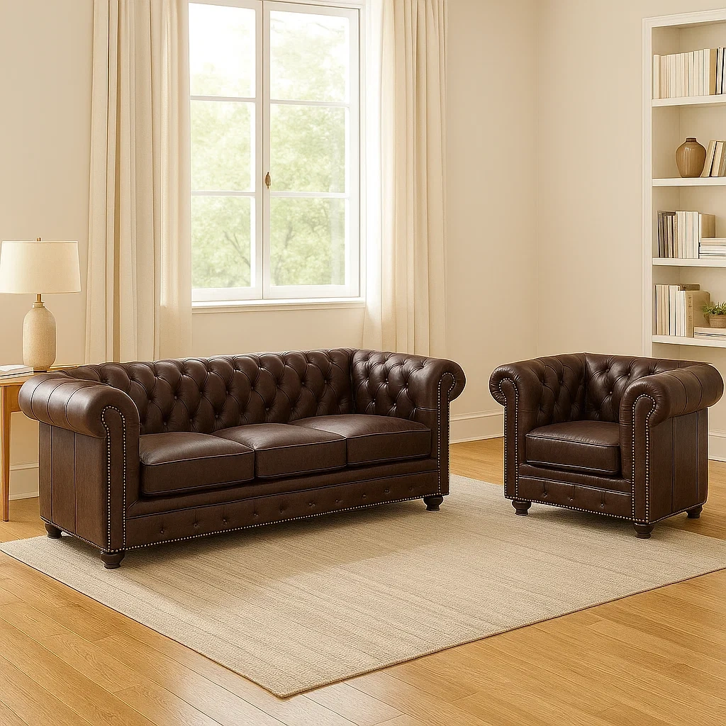 Ensemble canapé, canapé 3 places et fauteuil, structure en bois, rembourrage en mousse, revêtement en similicuir marron, pour salon, canapé 3 places 210 x 85 x 75 cm, fauteuil 85 x 85 x 75 cm - rVU3LDfEgF20