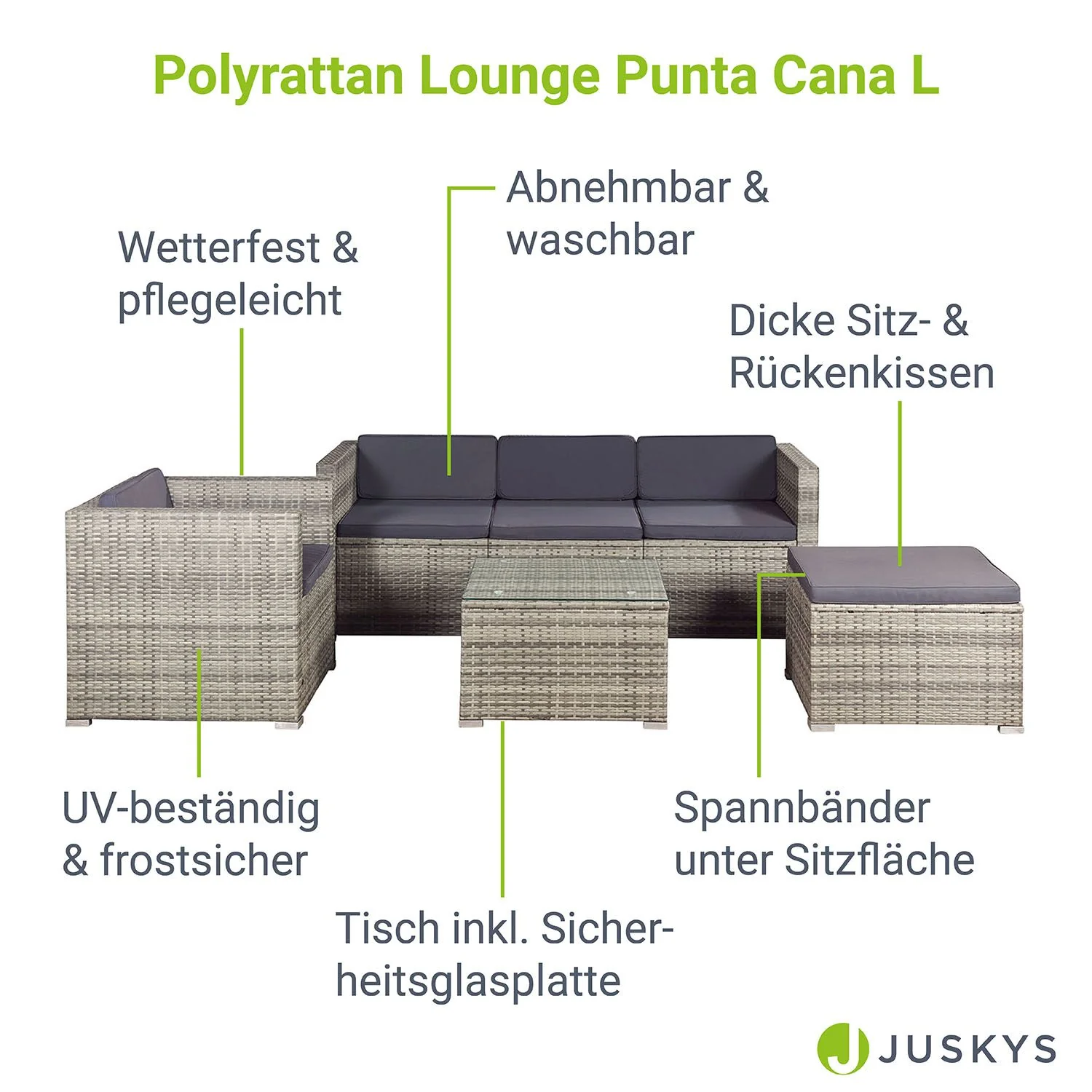Ensemble de jardin en résine tressée Punta Cana M 2025, noir avec coussins gris
