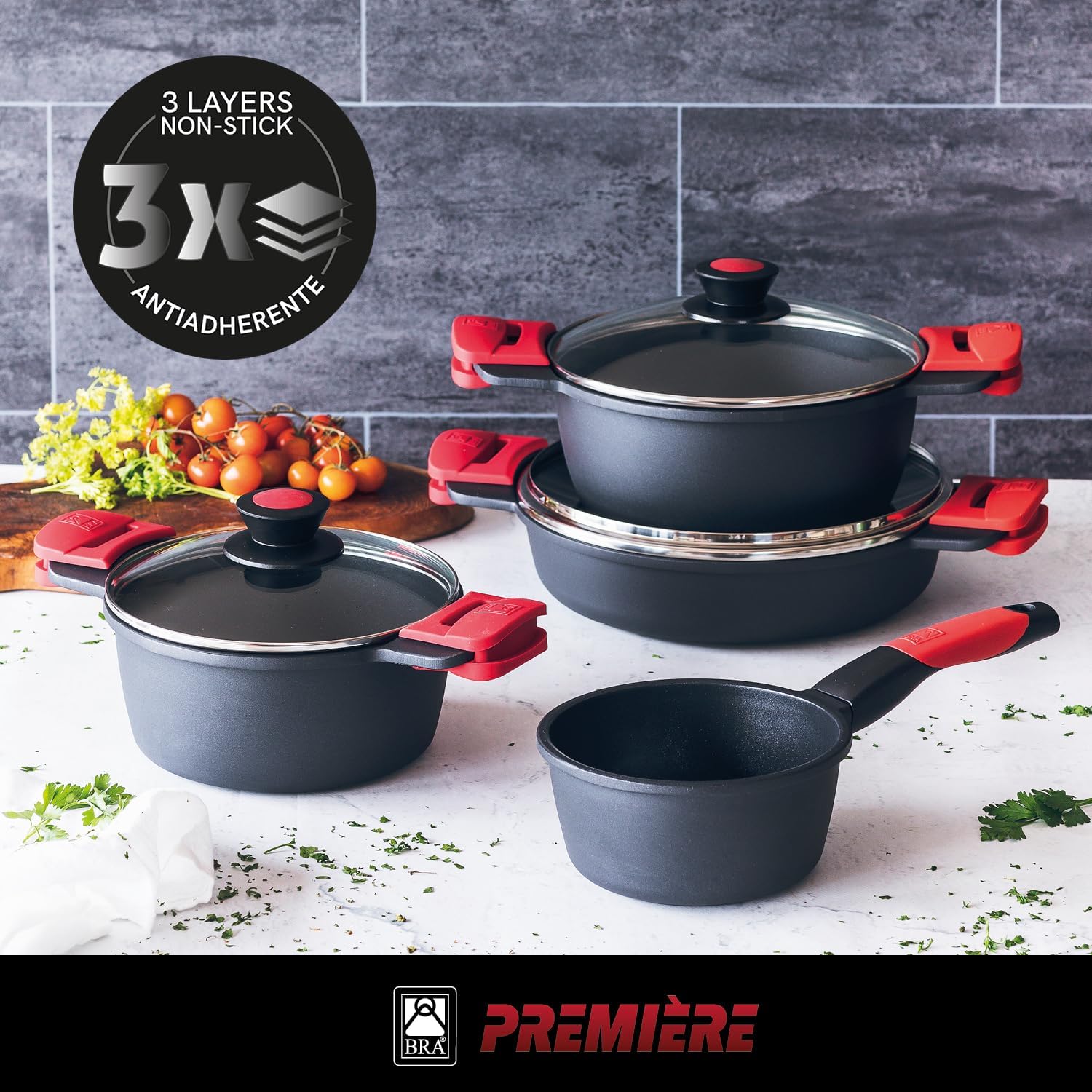 BRA Premiere 9-teiliges Antihaft-Kochgeschirr-Set aus Aluminiumguss, inklusive abnehmbarer Griffe, PFOA-frei, geeignet für alle Herdarten und Backöfen