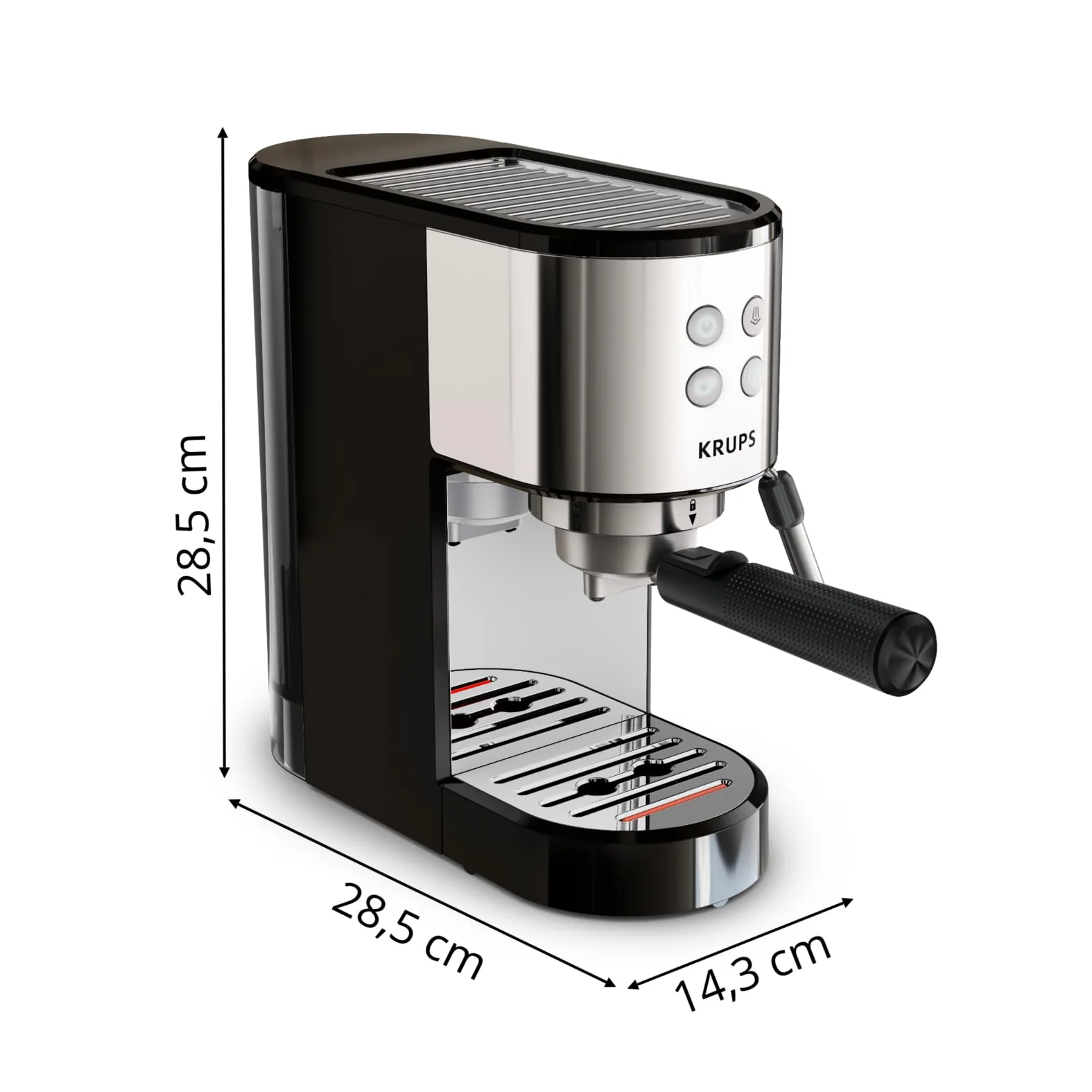Machine à expresso Krups Virtuoso Essential - 15 bars. Acier inoxydable noir. Design compact et élégant. Arrêt automatique. Expresso et cappuccino. Thermobloc. Buse vapeur. Doseur inclus. XP4418
