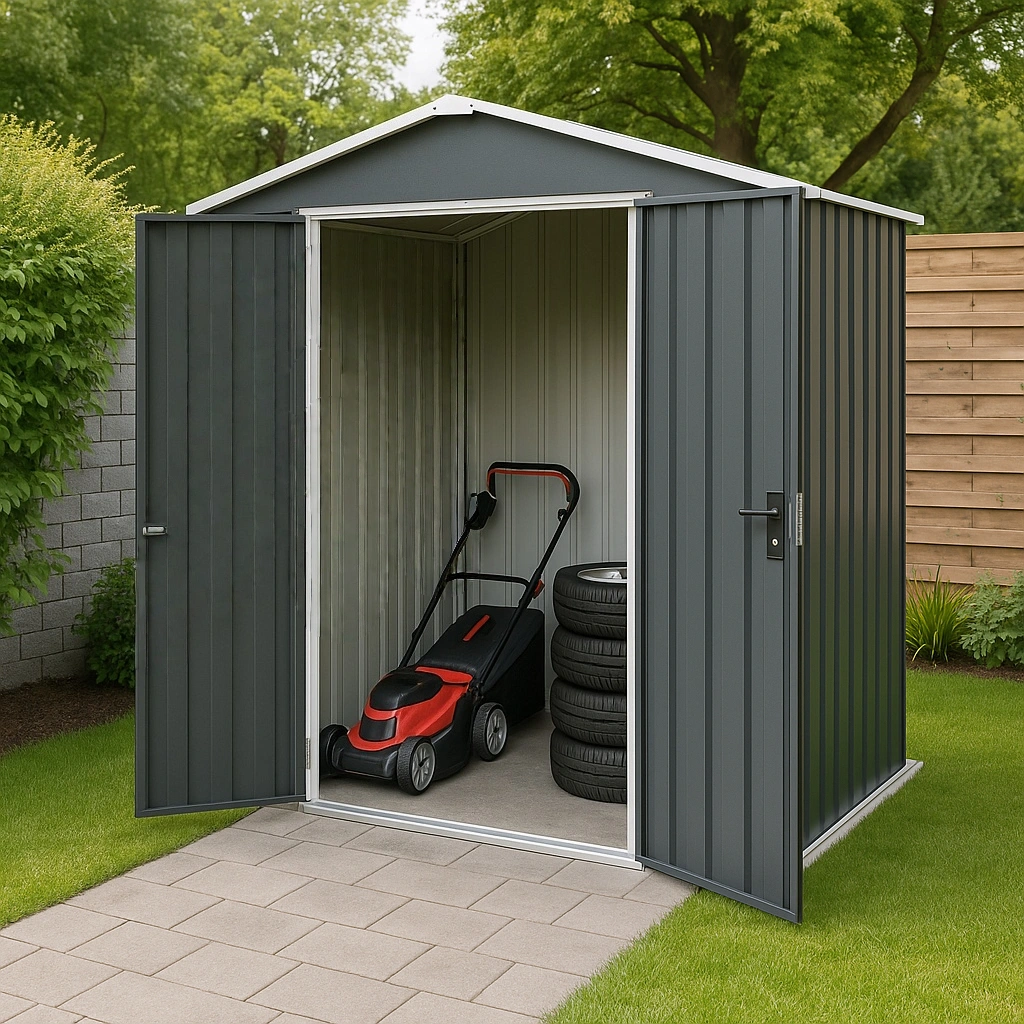 Abri de jardin en acier gris, rangement extérieur 215 x 150 x 222 cm