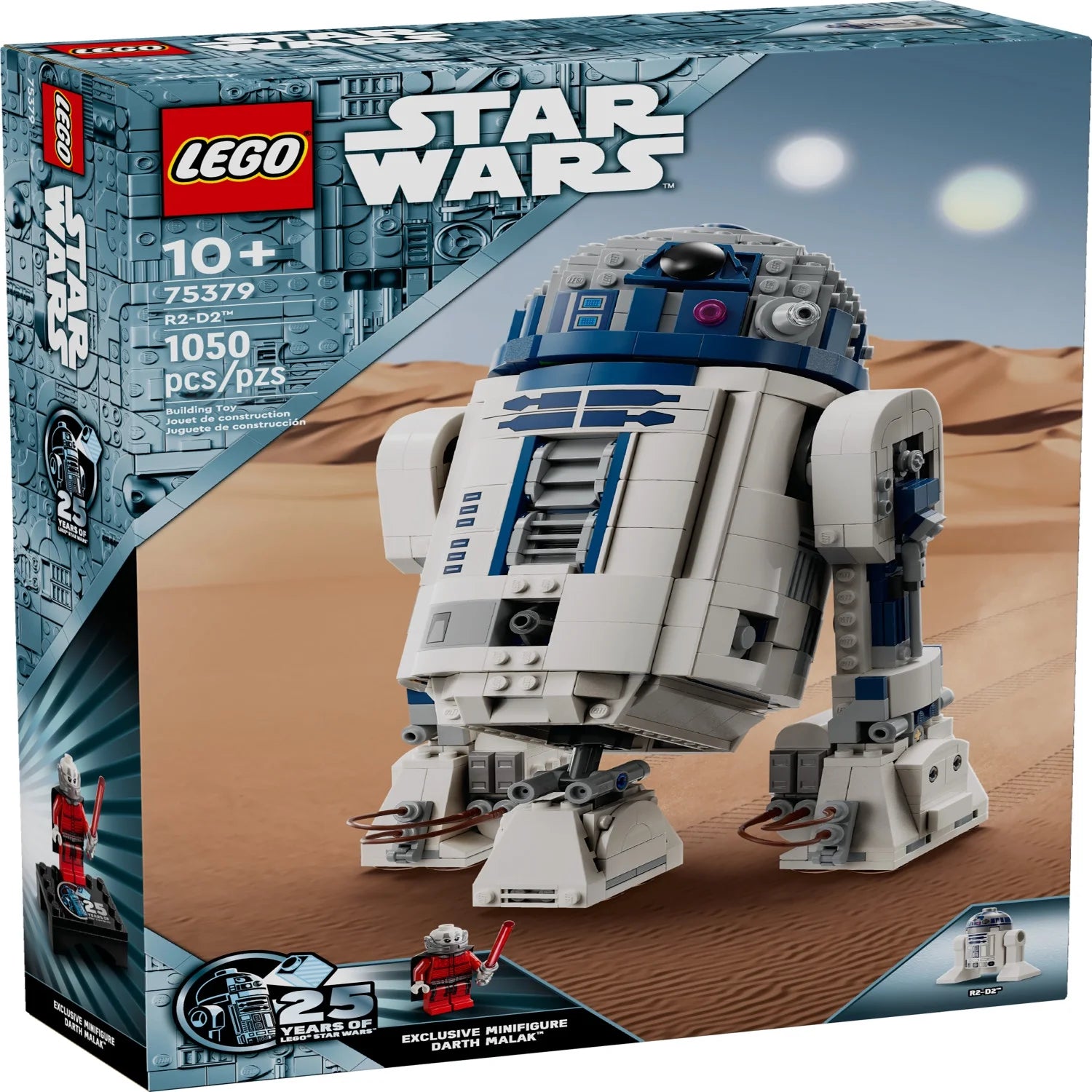LEGO Star Wars R2-D2 klodsbyggelig droidefigur, samlerrumsdekoration med eksklusiv 25-års jubilæums Darth Malak minifigur, kreativ gaveidé til børn eller fans fra 10 år, 75379