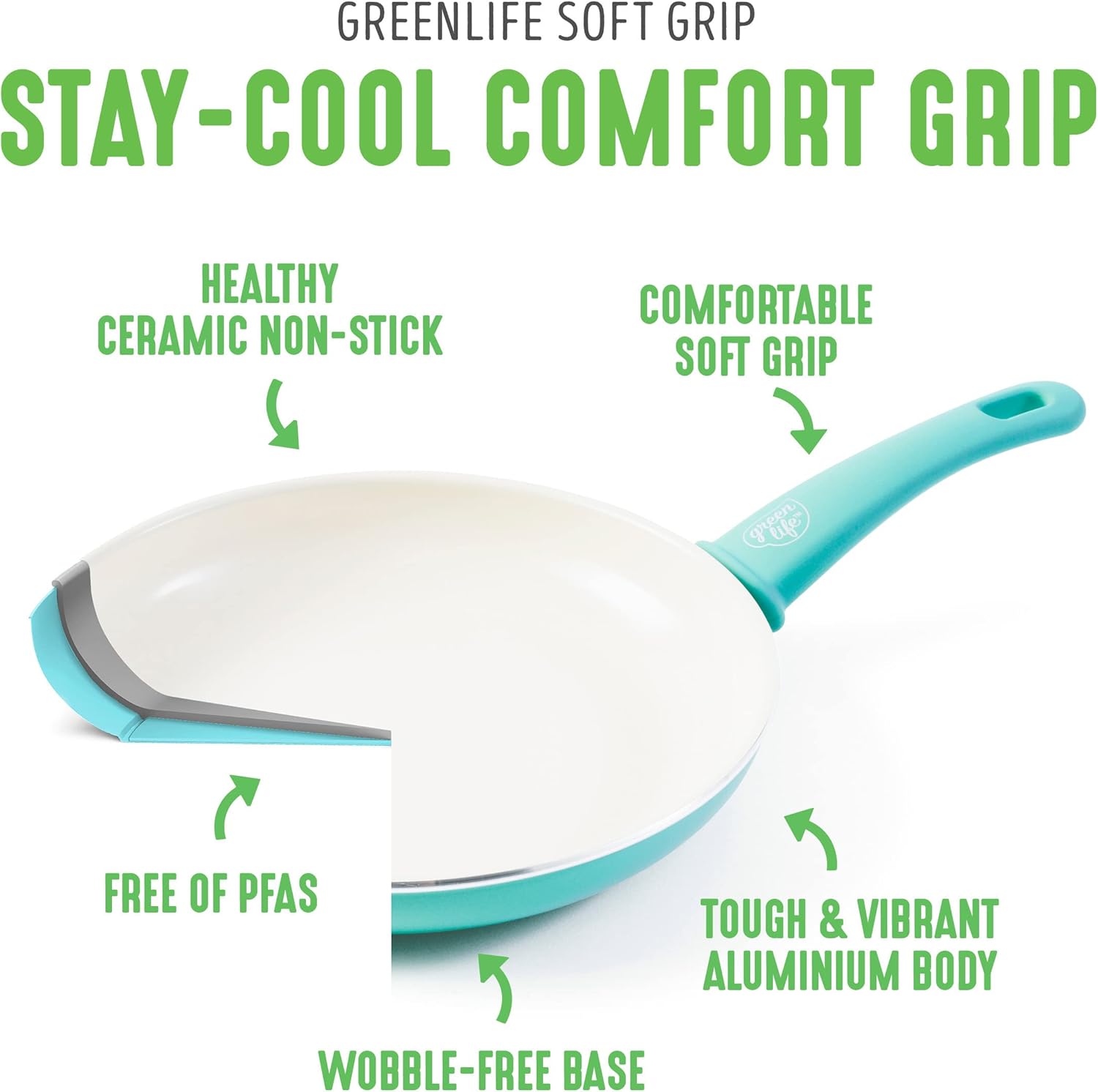 GreenLife Soft Grip 16-teiliges Antihaft-Keramik-Kochgeschirr-Set, bestehend aus Bratpfanne, Stielkasserolle und Topf, PFAS-frei, spülmaschinenfest, ofenfest, türkis