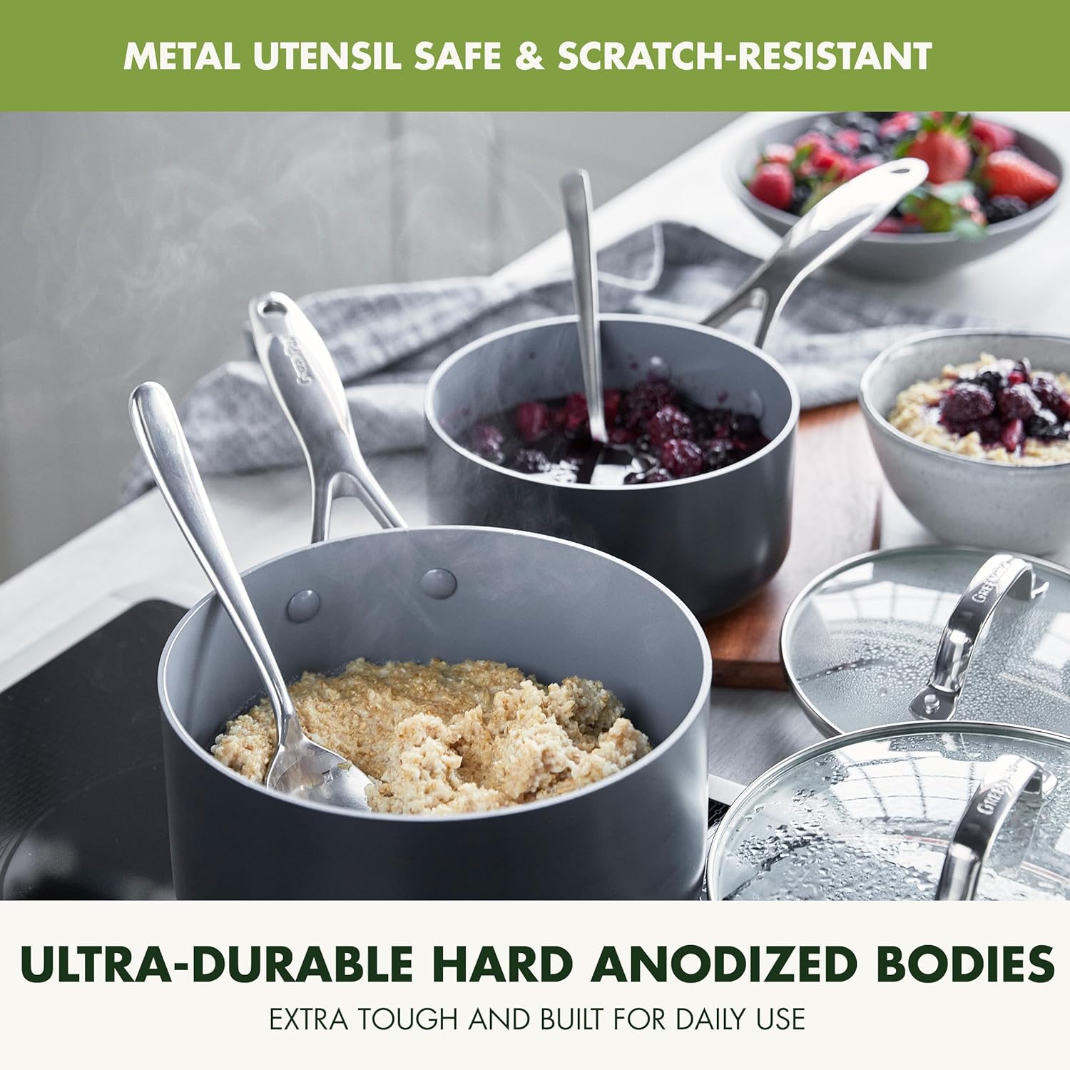 GreenPan Valencia Pro 11-teiliges Kochgeschirr-Set, gesunde, antihaftbeschichtete, hart eloxierte Keramik, inklusive Bratpfannen, Fritteuse, Töpfen und Deckeln, PFAS-frei, induktionsgeeignet, spülmaschinen- und ofenfest, Grau