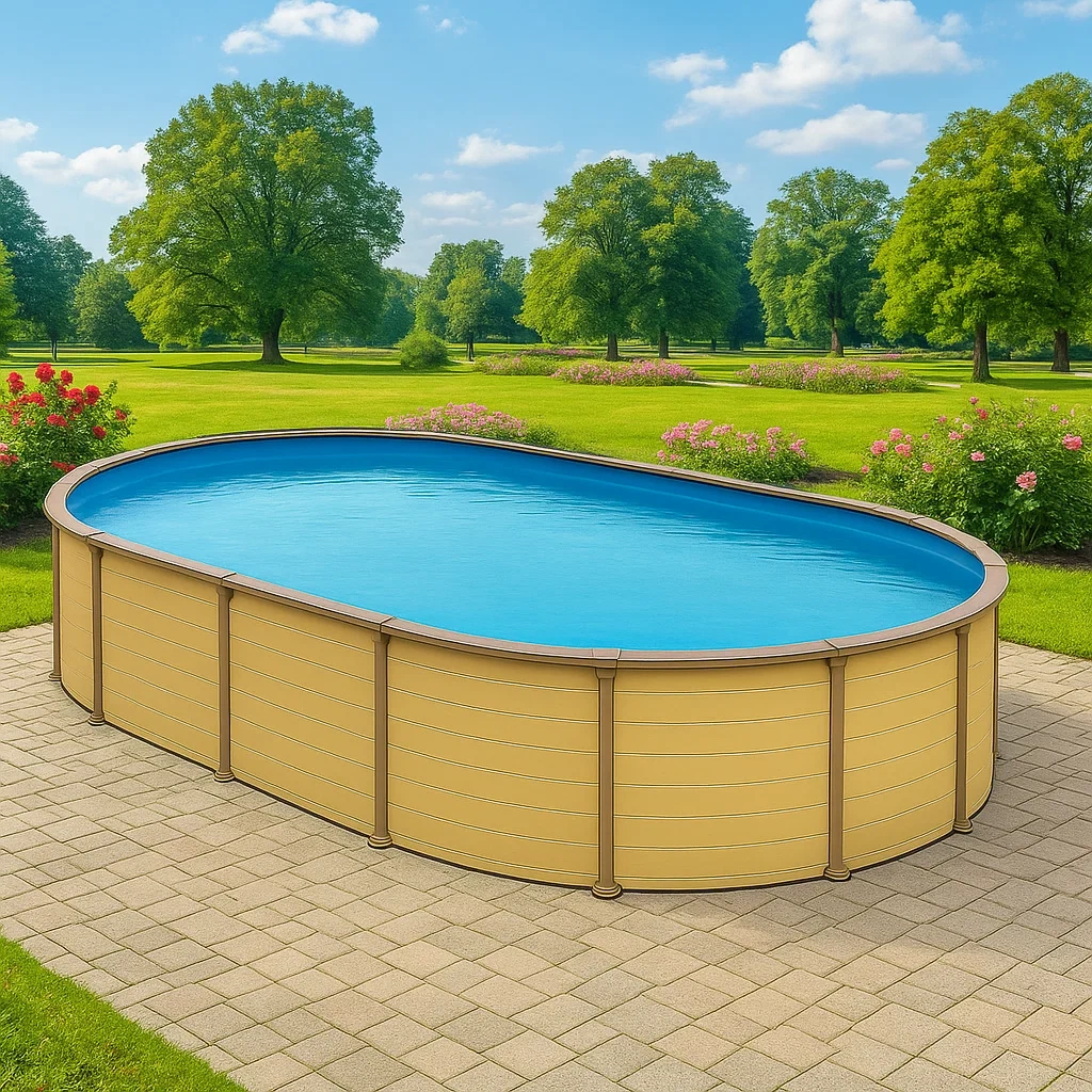 Piscine tubulaire ovale démontable avec structure en acier 418 x 243 x 98 cm beige/bleu qUMRAJP125Do