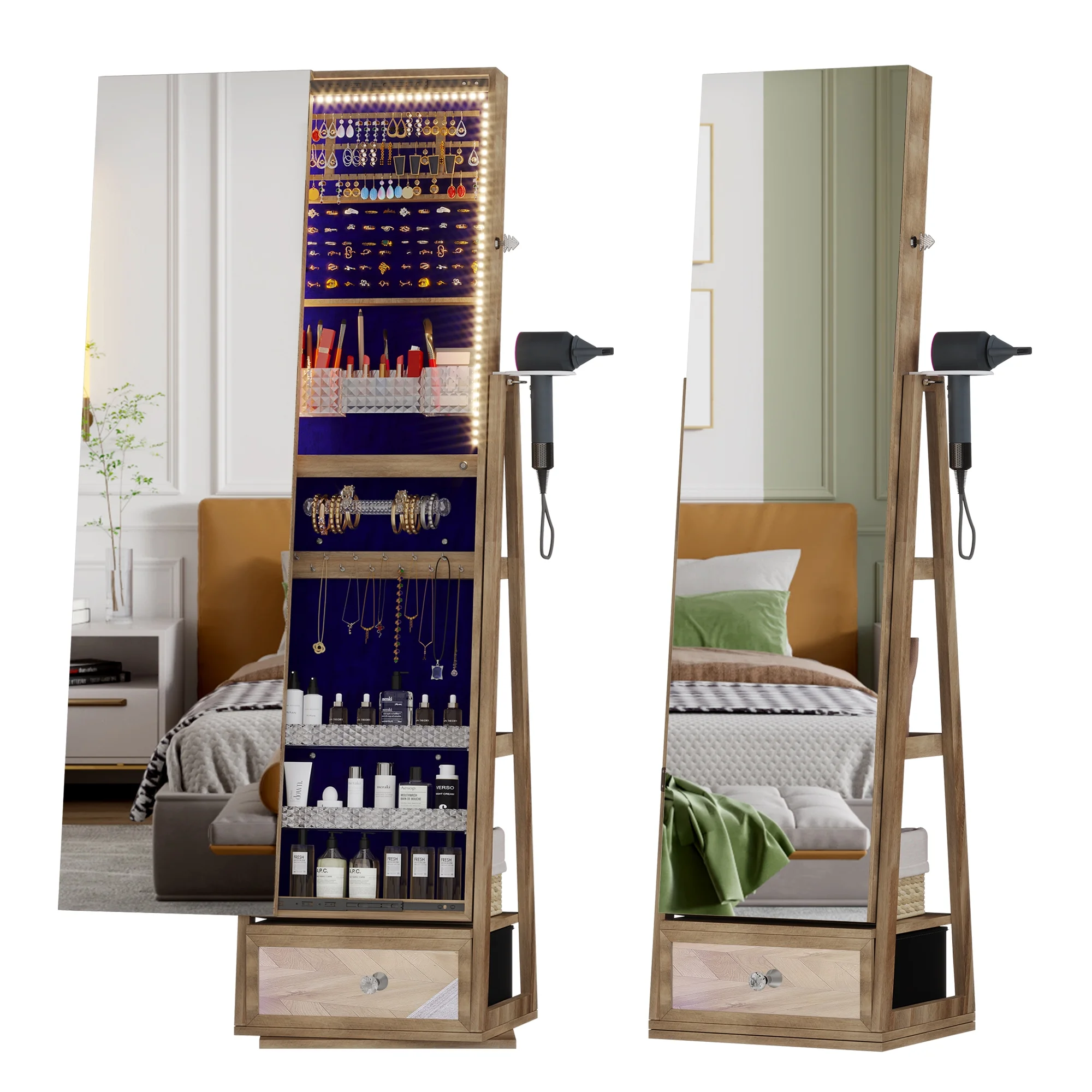 360° roterende smykkeskrin med spejl, LED-lys og lås – brun