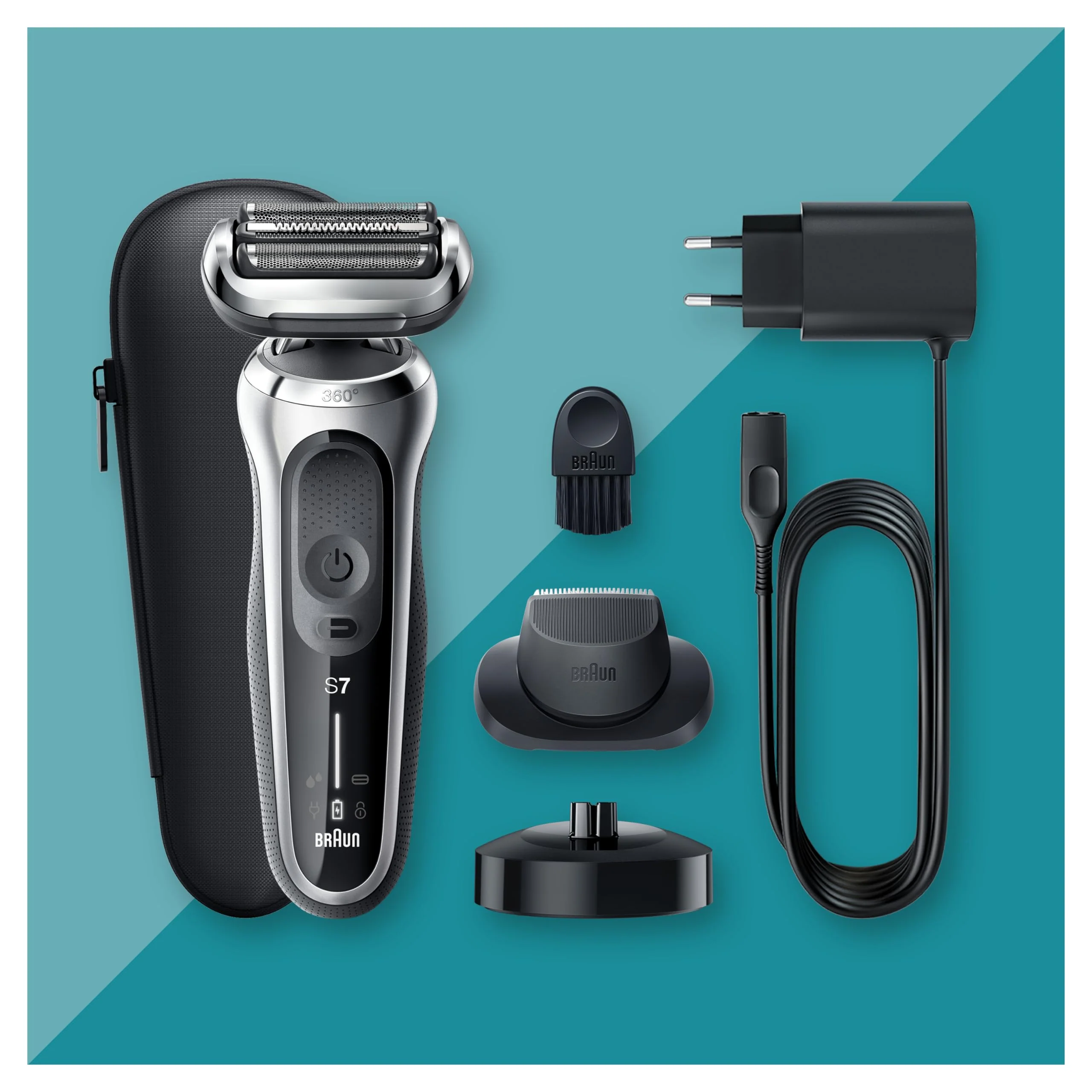 Braun Series 7 elektrisk barbermaskine til mænd. Skægtrimmer med præcisionstrimmertilbehør. Opladningsbase. Våd og tør brug. Genopladelig. Ledningsfri. 71-S4200cs. Sølv