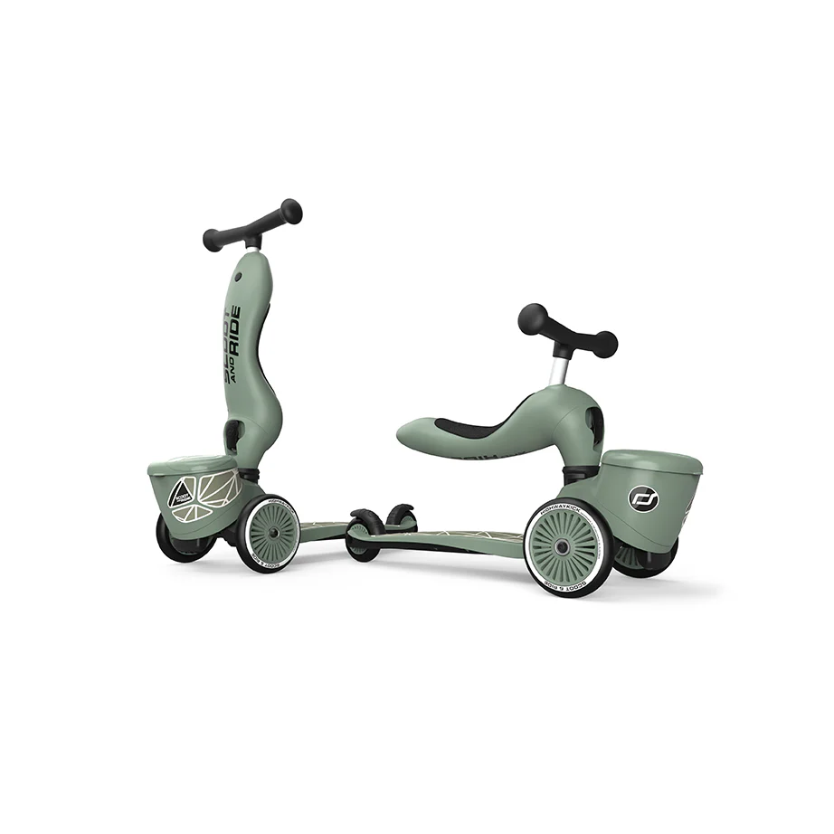 Trottinette 2-en-1 Scoot & Ride Highwaykick 1 Lifestyle avec siège (modèle 2025). Pour les enfants de 1 à 5 ans. Modèle avec compartiment de rangement.