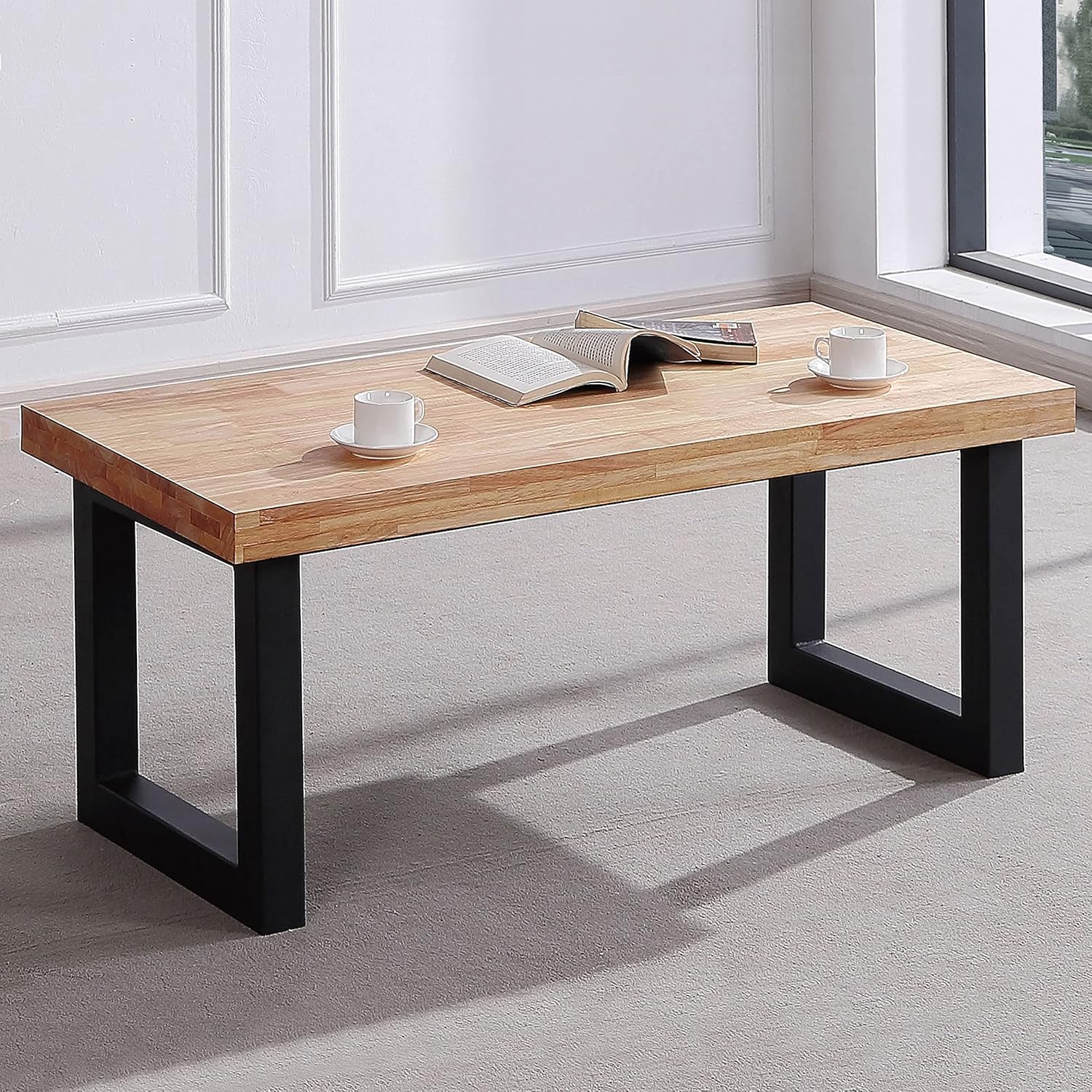 Duehome | Loft, höhenverstellbarer Couchtisch, Esstisch, Eiche und Weiß, Maße: 120 cm (L) x 60 cm (B) x 47,5/62 cm (H)