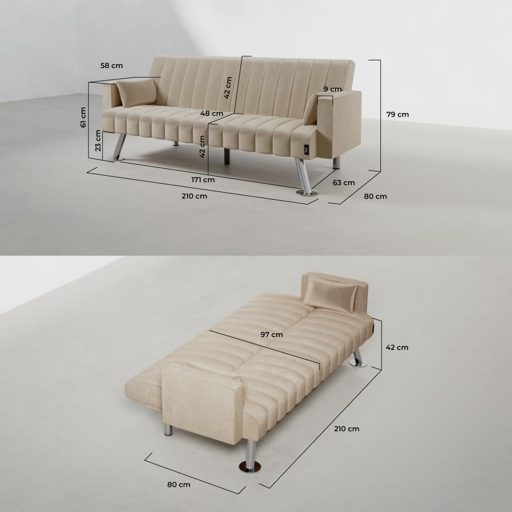 Nalui – Gepolstertes 3-Sitzer-Schlafsofa 210 x 80 x 79 cm, einlagig, 2 Kissen, Klick-Klack-Öffnungsmechanismus mit verstellbarer Rückenlehne. Samt-Chaiselongue-Schlafsofa, umwandelbar in ein Doppelbett | Beige