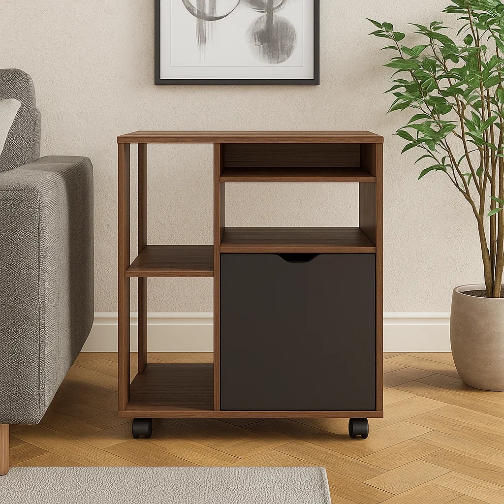 Îlot de cuisine ouvert avec placard et roulettes, en MDF, coloris noyer et noir, pose libre, 60 x 35 x 75 cm, usage domestique - ocLOhsmuDrLr