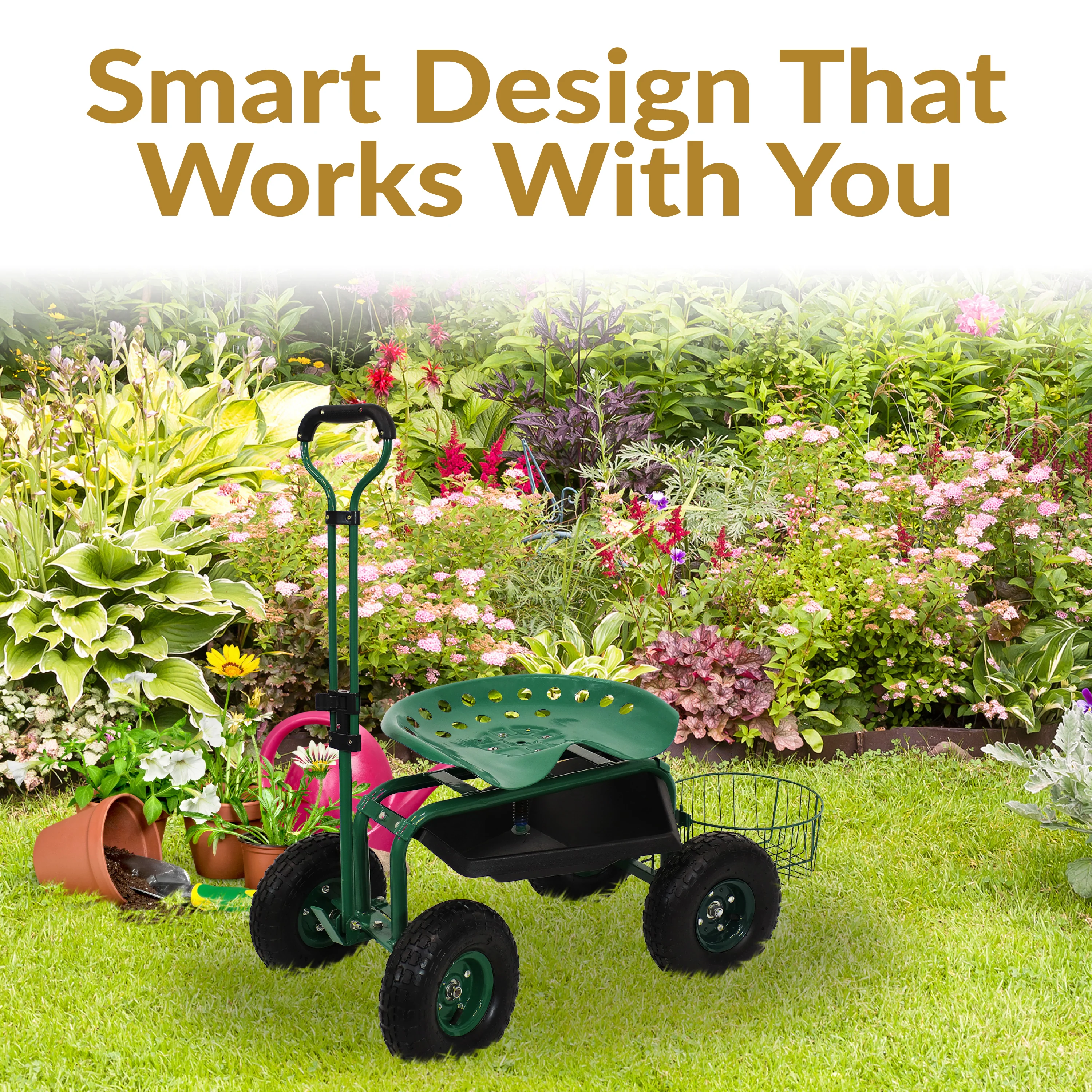 Chariot de jardin roulant Sunnydaze 2025 avec siège pivotant, guidon et panier