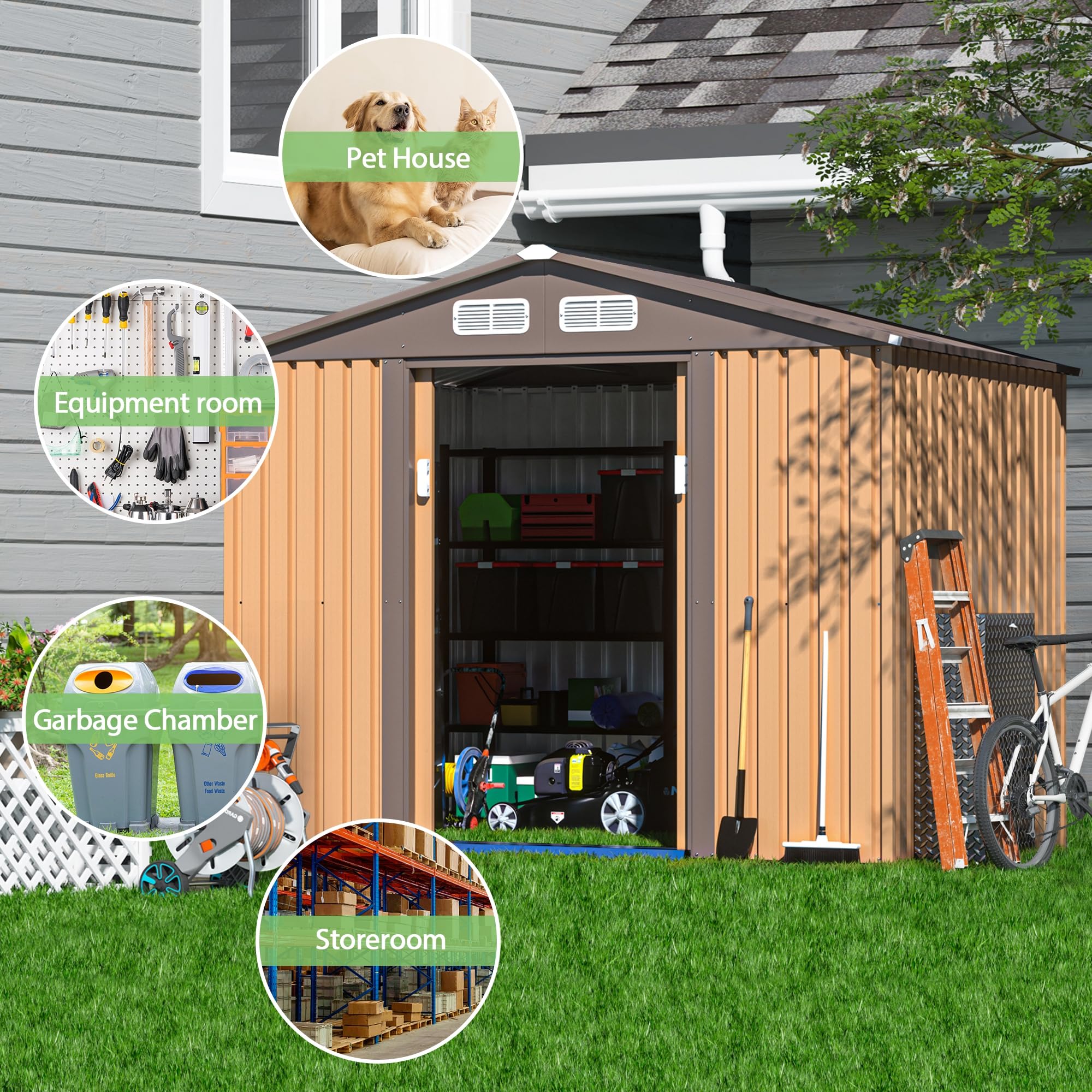 JAXPETY 6x8 fod udendørs have- og opbevaringsskur – Metalredskabsskur med skydedøre til terrasse, have eller udendørs – kaffefarvet