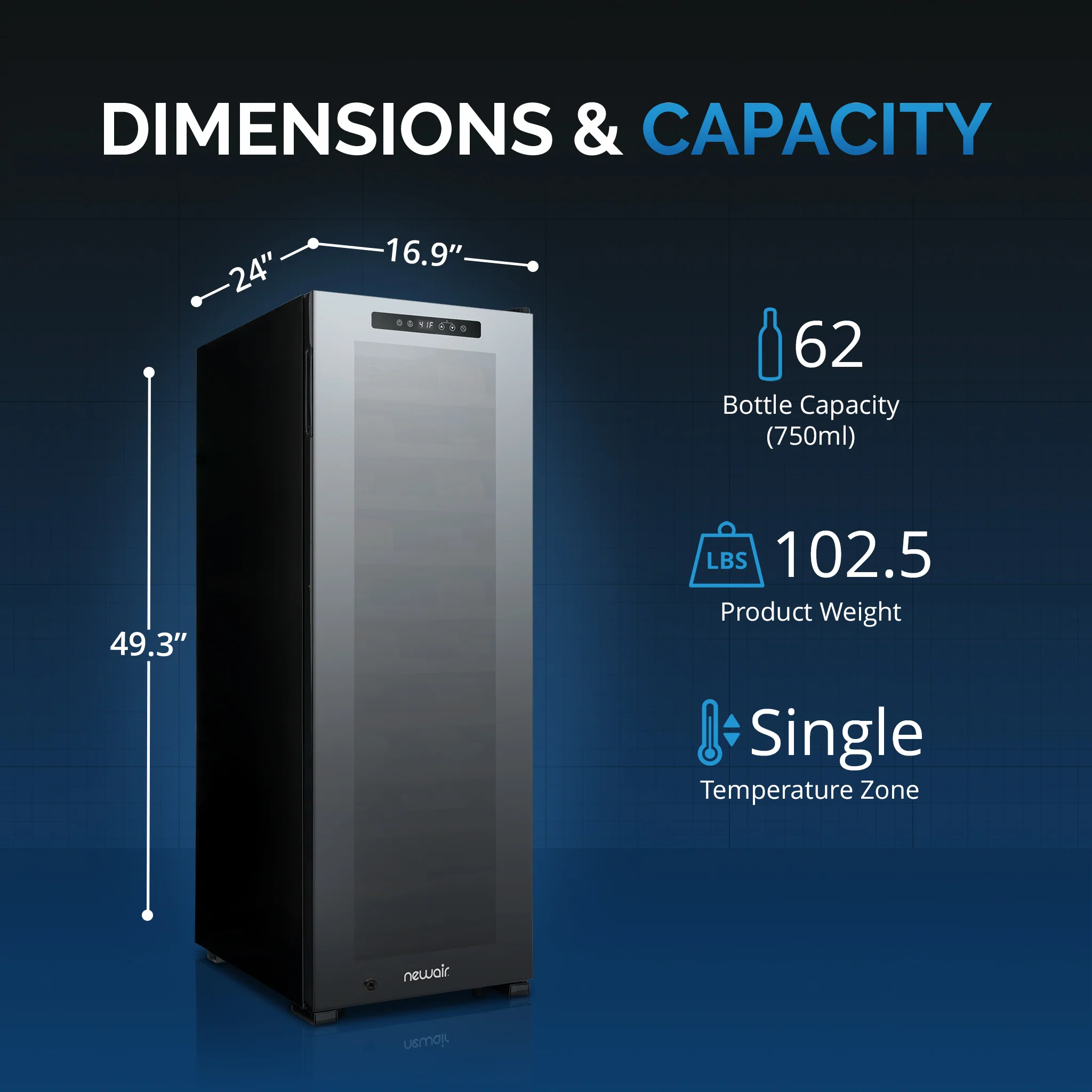 2025 Newair® Freistehender Weinkühlschrank Schwarz – 62 Flaschen – 16,9