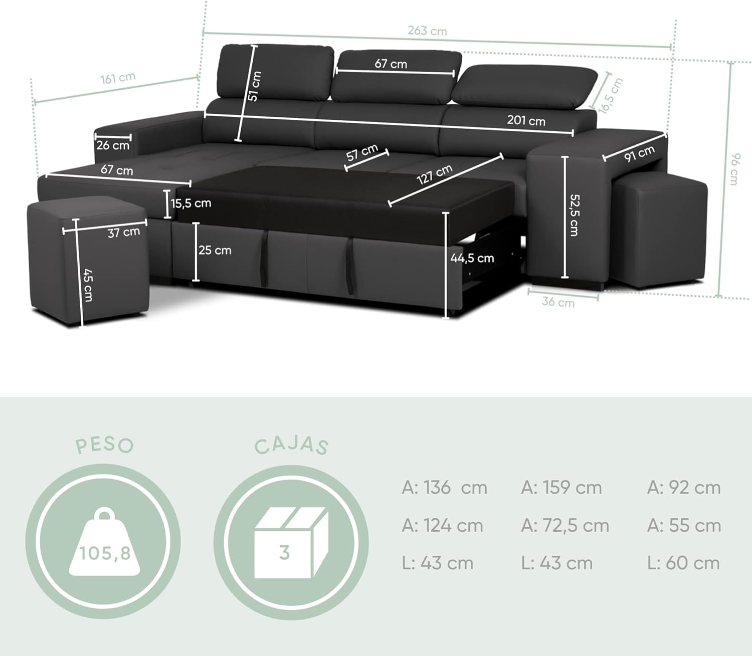 BUDWING John 4-Sitzer Ecksofa mit Schlaffunktion – Wendbare Chaiselongue, verstellbare Kopfstütze und 2 Hocker – Polyurethanbezug – Modernes Design – 263 x 161 x 96 cm – Schwarz