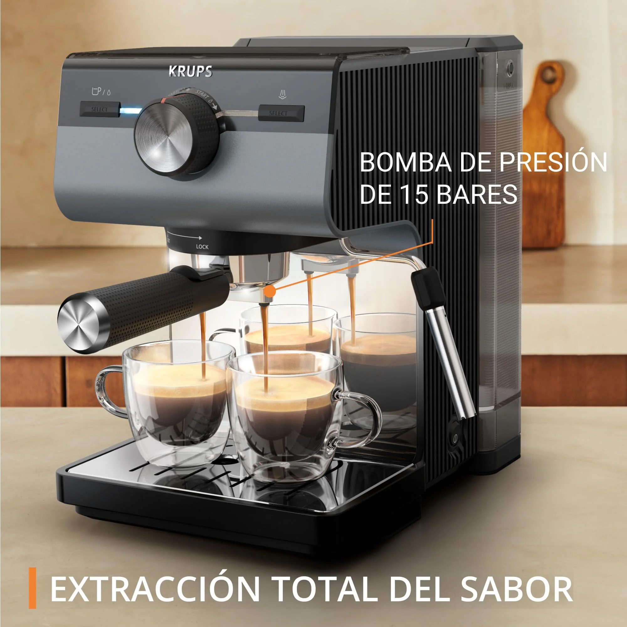 Machine à expresso Krups Virtuoso Essential - 15 bars. Acier inoxydable noir. Design compact et élégant. Arrêt automatique. Expresso et cappuccino. Thermobloc. Buse vapeur. Doseur inclus. XP4418