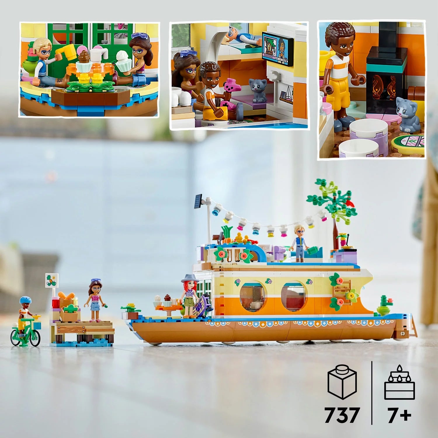 LEGO Friends Husbåd på kanalen 41702 Byggesæt; Indeholder 4 minidukker, inklusive Mia, og 1 legetøjsdyr; Fødselsdagsgave til børn fra 7 år (737 dele)