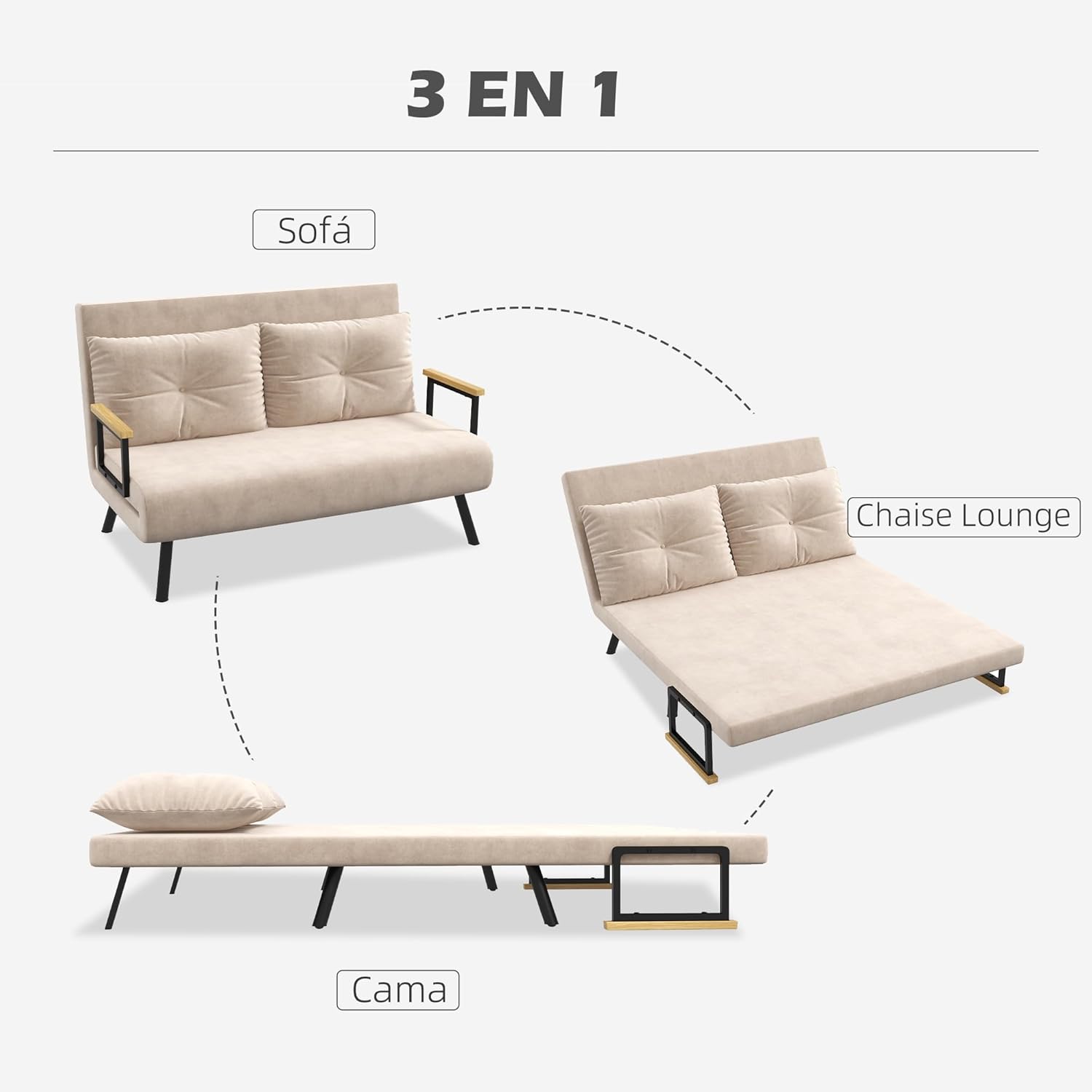 HOMCOM Schlafsofa, 2-Sitzer, Klappsofa, Samtbezug, 5-fach verstellbare Rückenlehne und gepolsterte Kissen, für Büro, Schlafzimmer, Wohnzimmer, 102 x 73 x 81 cm, Beige