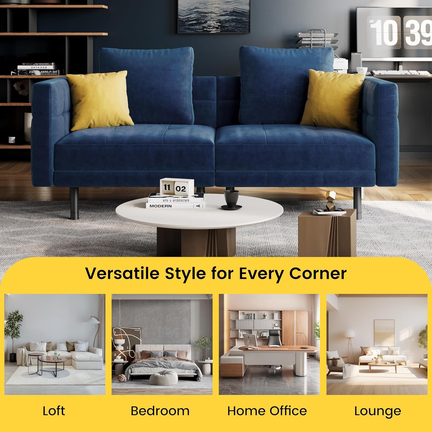 Yaheetech 2-personers fløjlssovesofa, konvertibel sofa 171x80x72cm med 4 puder, sofa med justerbare armlæn og ryglæn til stue, soveværelse og arbejdsværelse, grå