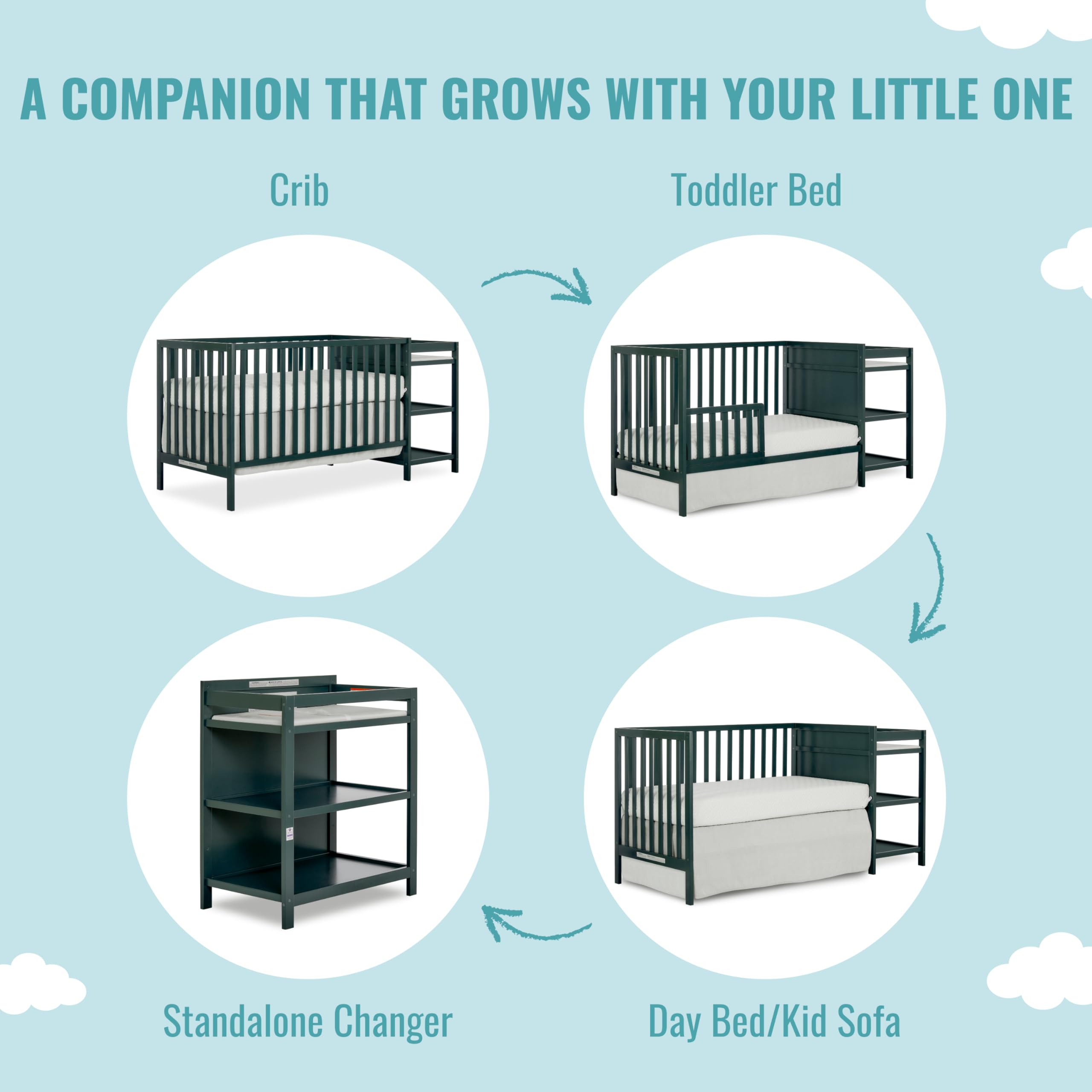 Lit bébé convertible Synergy 2025 avec table à langer. Olive