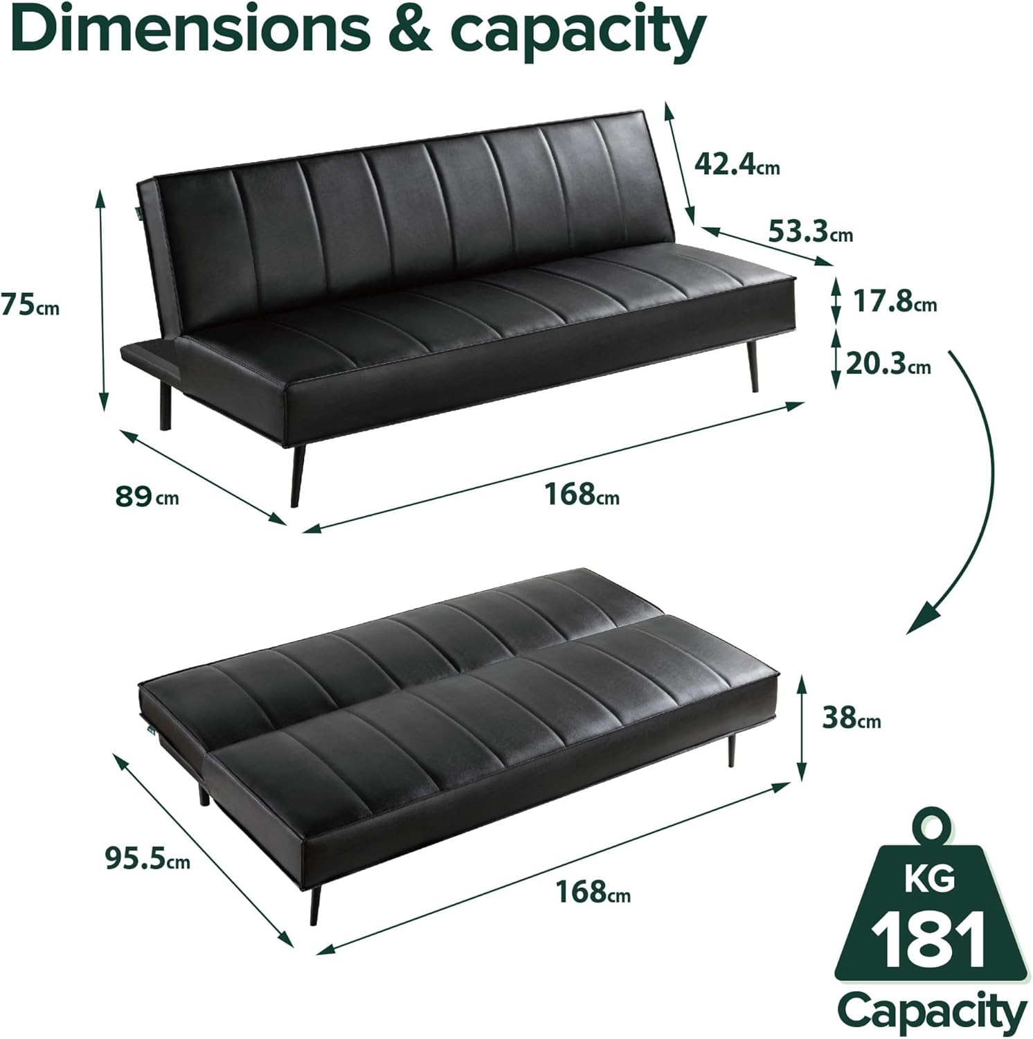Zinus Quinn Click Clack sovesofa - 2-i-1 foldbar sovesofa - Velegnet til gæsteværelser og små rum - Grå