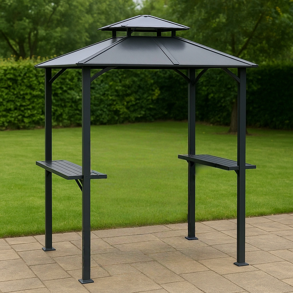 Pergola en métal noir avec barbecue pour jardin extérieur 220 x 130 x 240 cm