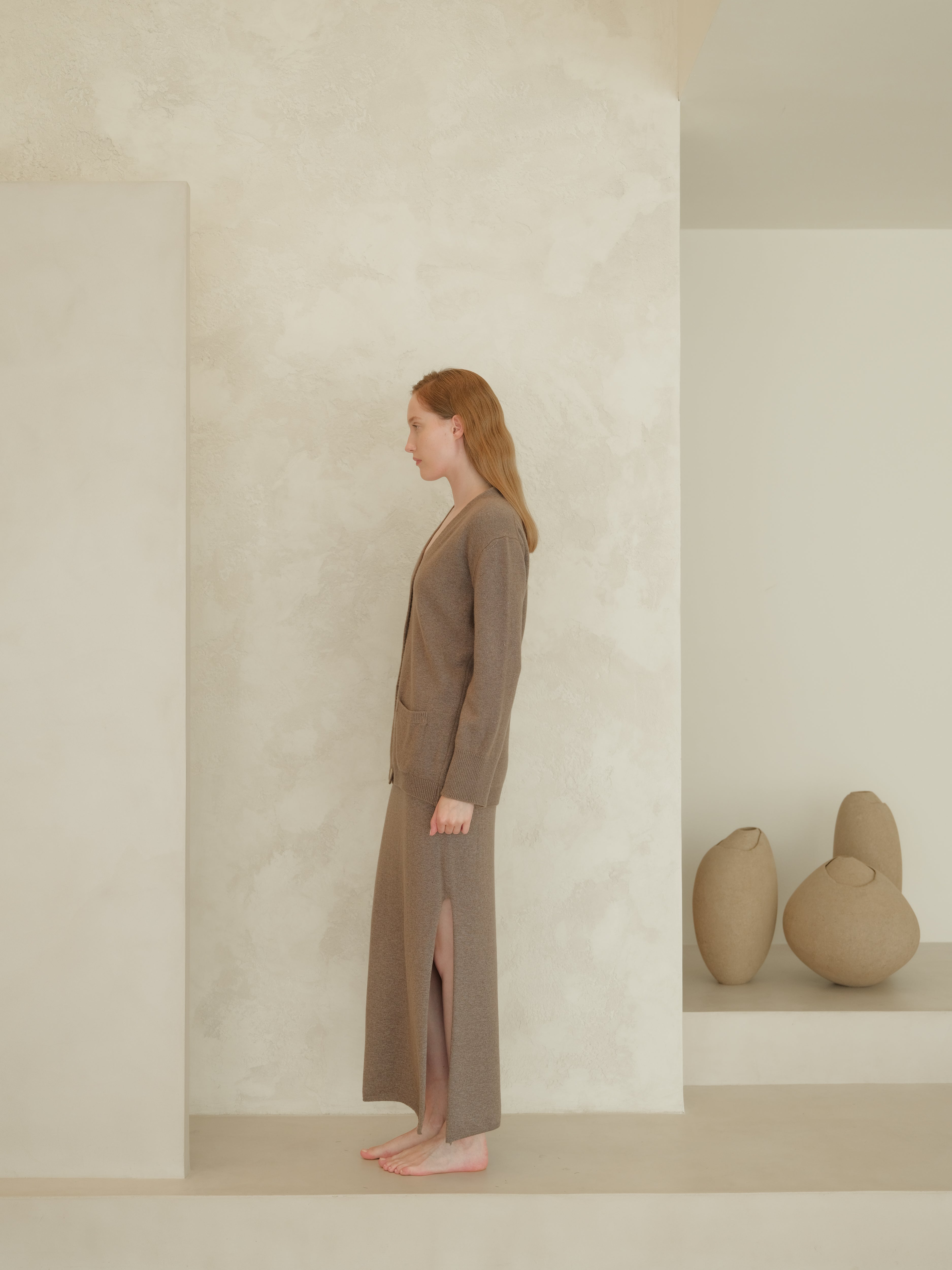 Cashmere Blend High-Waist Long Skirt With Side Slit (3D-Knit)