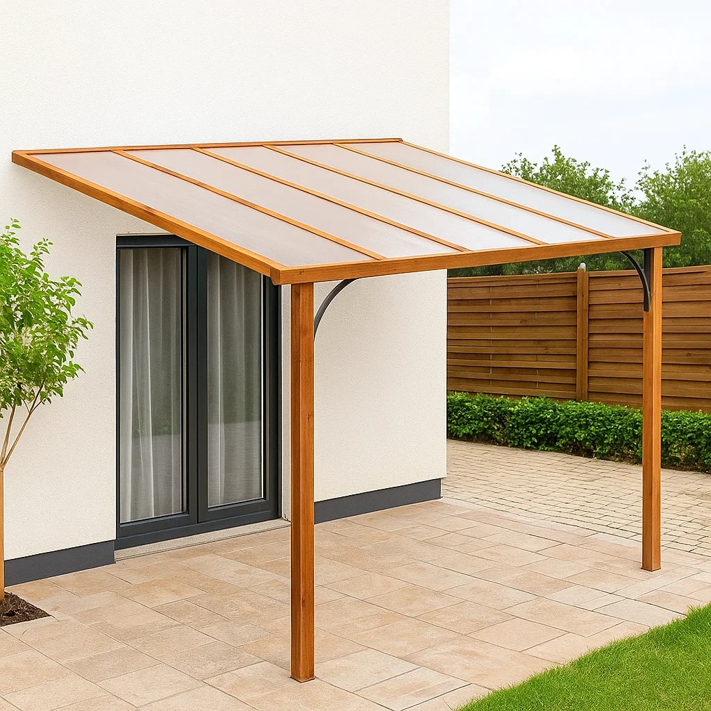 Pergola de jardin en bois avec toit en polycarbonate, 300 x 250 x 280 cm, structure marron. - UV5AtDkwEKis
